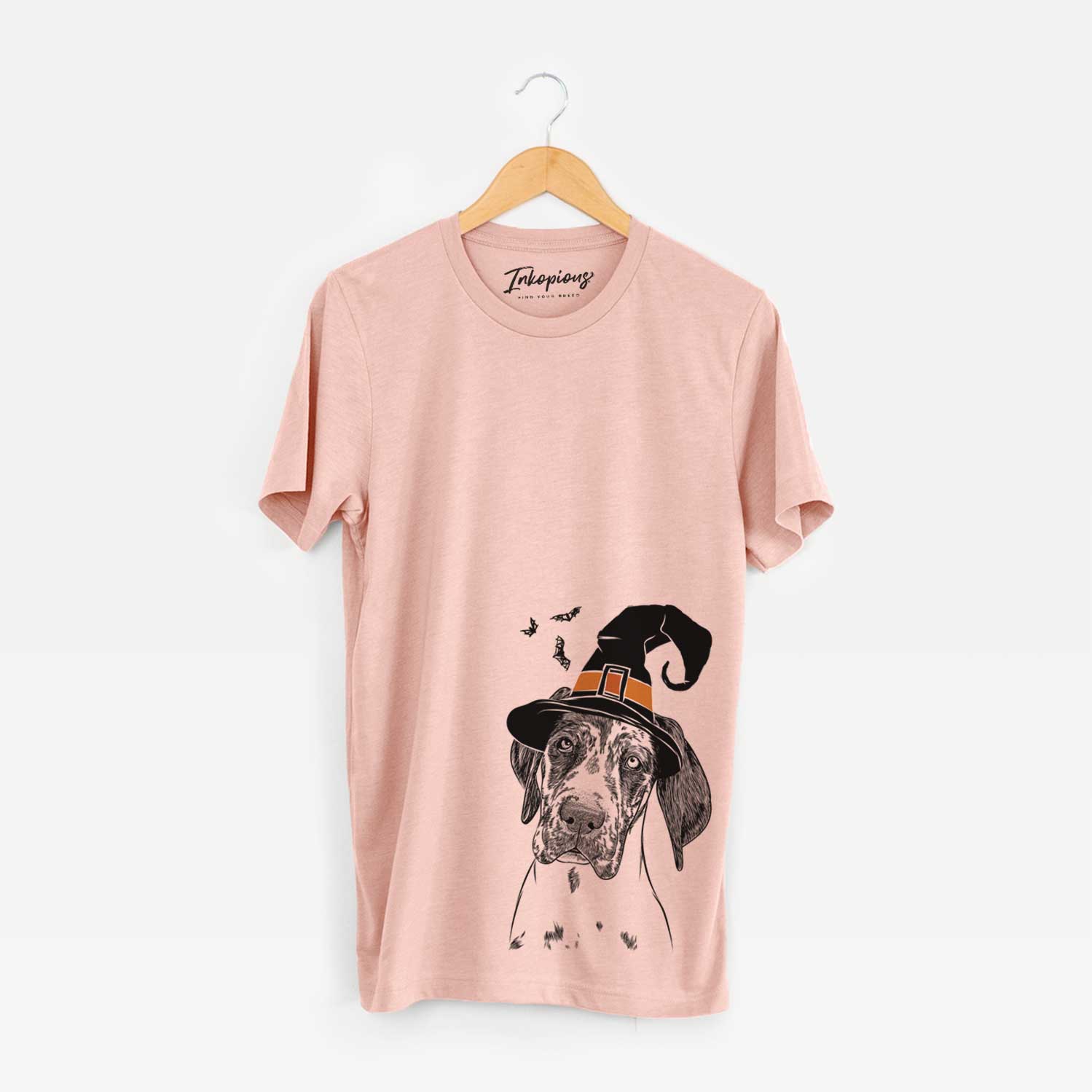 Hand-drawn sketch of Nyx the Great Dane wearing a witch hat on a Peach Unisex crewneck