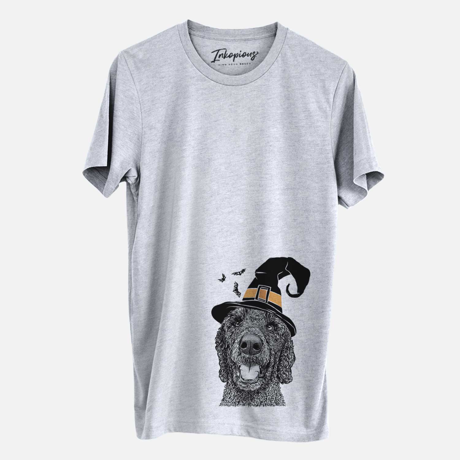 Hand-drawn sketch of Obi James the Goldendoodle wearing a witch hat on a Grey Unisex crewneck