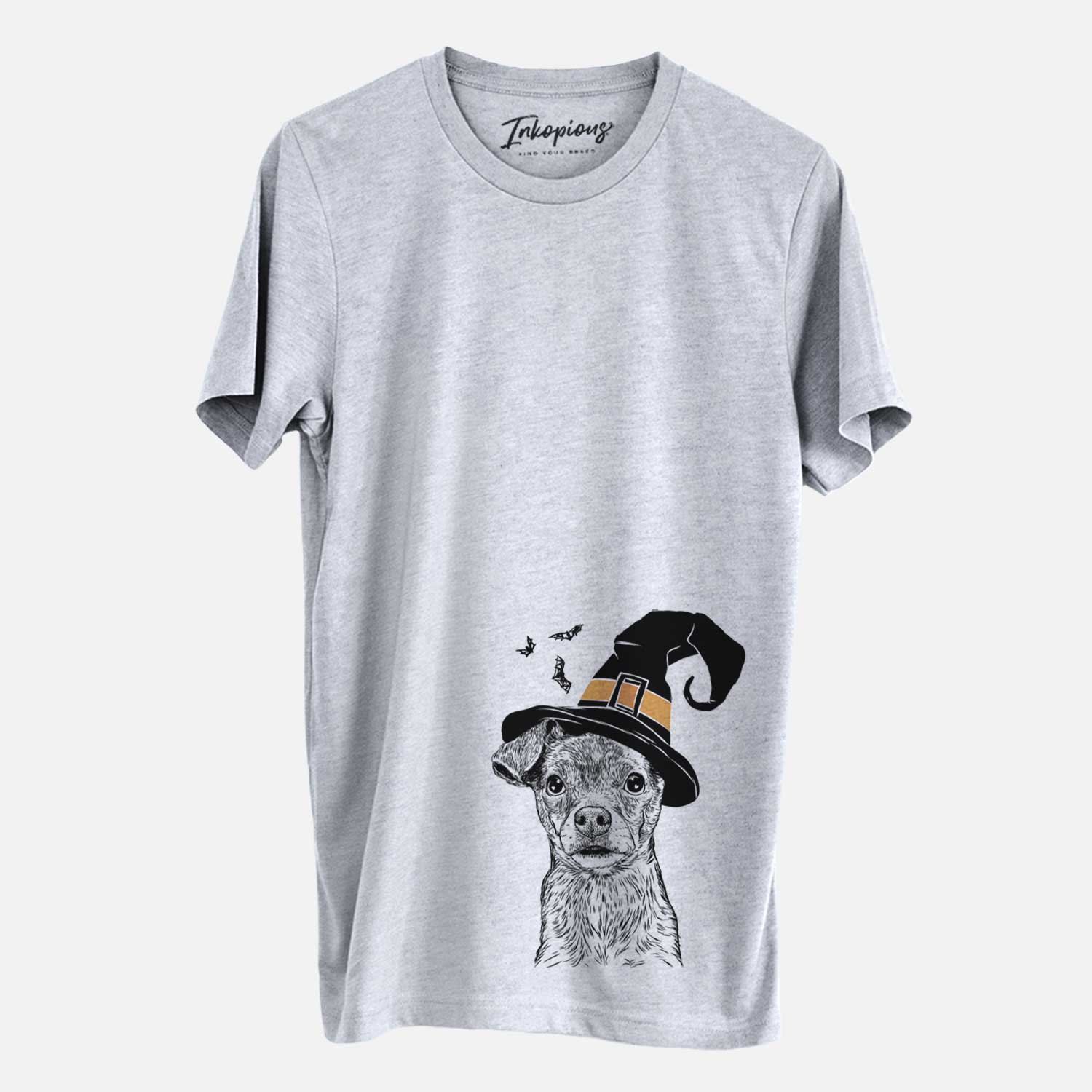 Hand-drawn sketch of Olive the Mixed Breed wearing a witch hat on a Grey Unisex crewneck