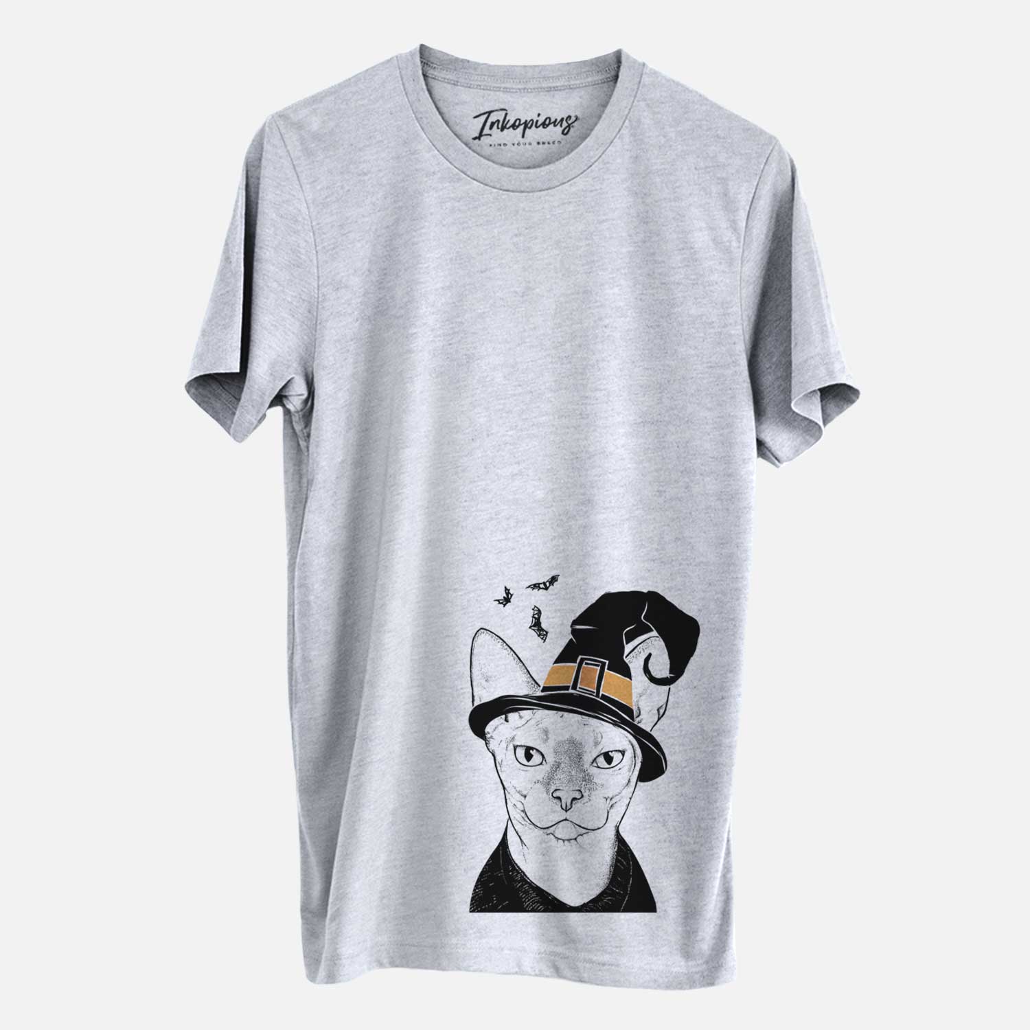 Hand-drawn sketch of Oliver Watson the Sphynx Cat wearing a witch hat on a Grey Unisex crewneck