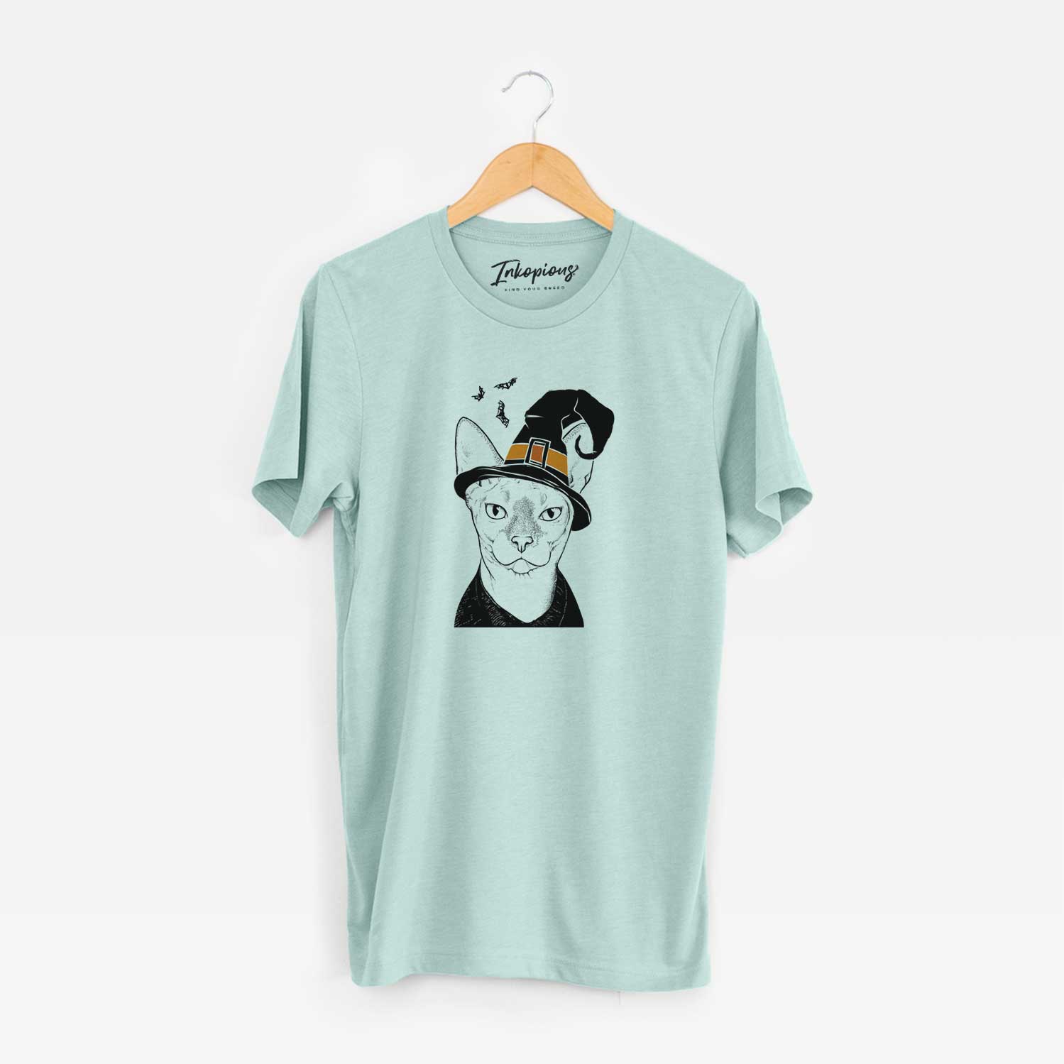 Hand-drawn sketch of Oliver Watson the Sphynx Cat wearing a witch hat on a Heather Sage Unisex crewneck