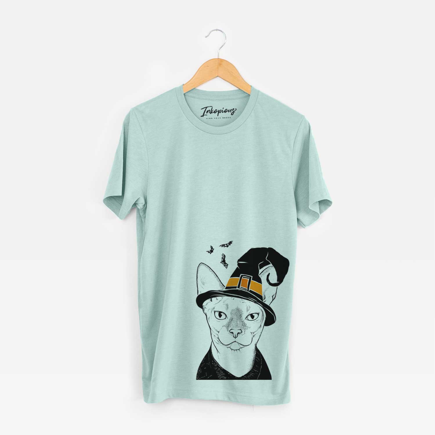 Hand-drawn sketch of Oliver Watson the Sphynx Cat wearing a witch hat on a Heather Sage Unisex crewneck