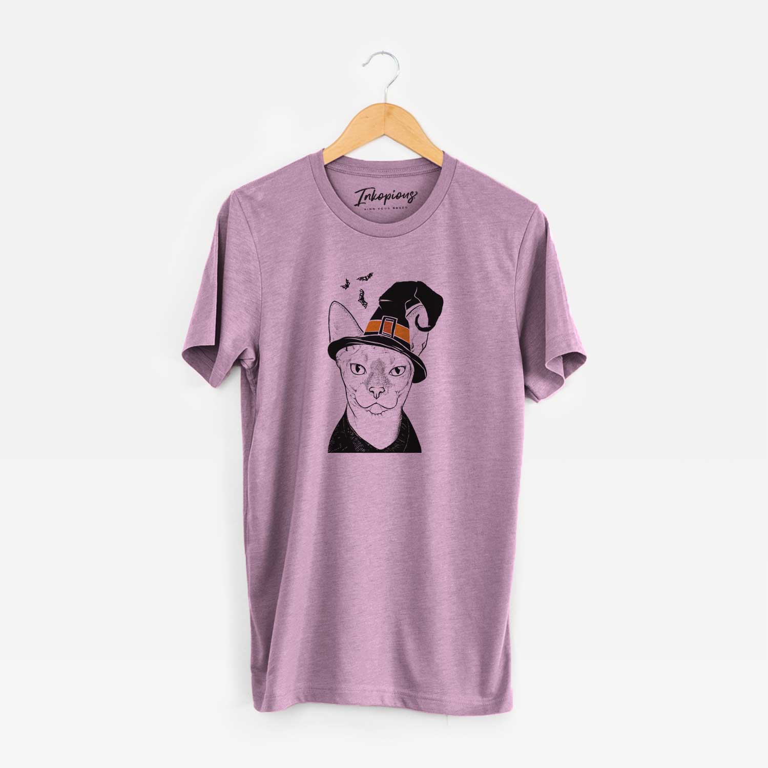 Hand-drawn sketch of Oliver Watson the Sphynx Cat wearing a witch hat on an Orchid Unisex crewneck