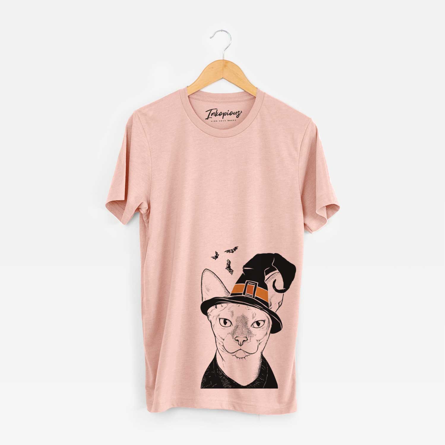 Hand-drawn sketch of Oliver Watson the Sphynx Cat wearing a witch hat on a Peach Unisex crewneck