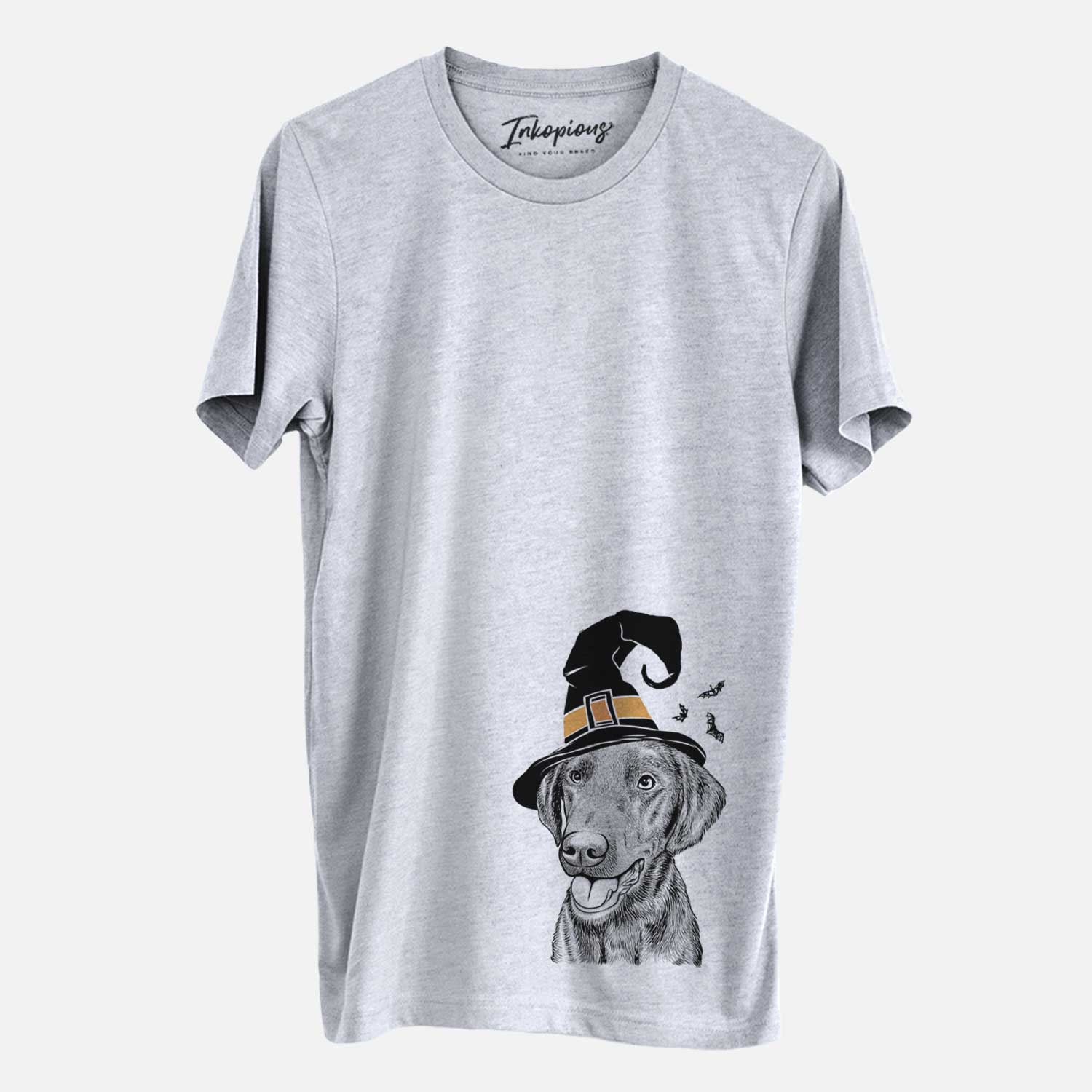 Hand-drawn sketch of Onyx the Labrador Retriever wearing a witch hat on a Grey Unisex crewneck