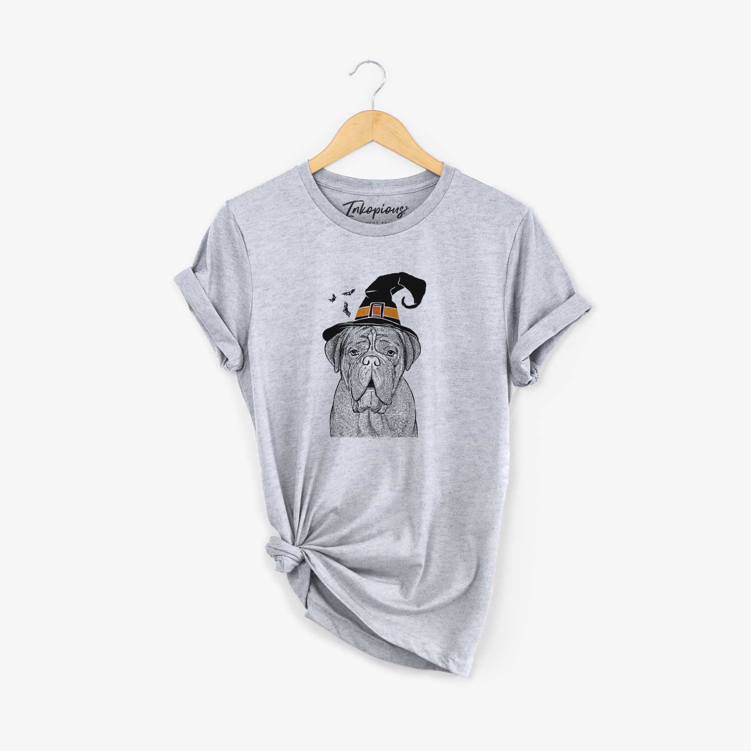 Hand-drawn sketch of Optimus the Dogue de Bordeaux wearing a witch hat on a Grey Unisex crewneck