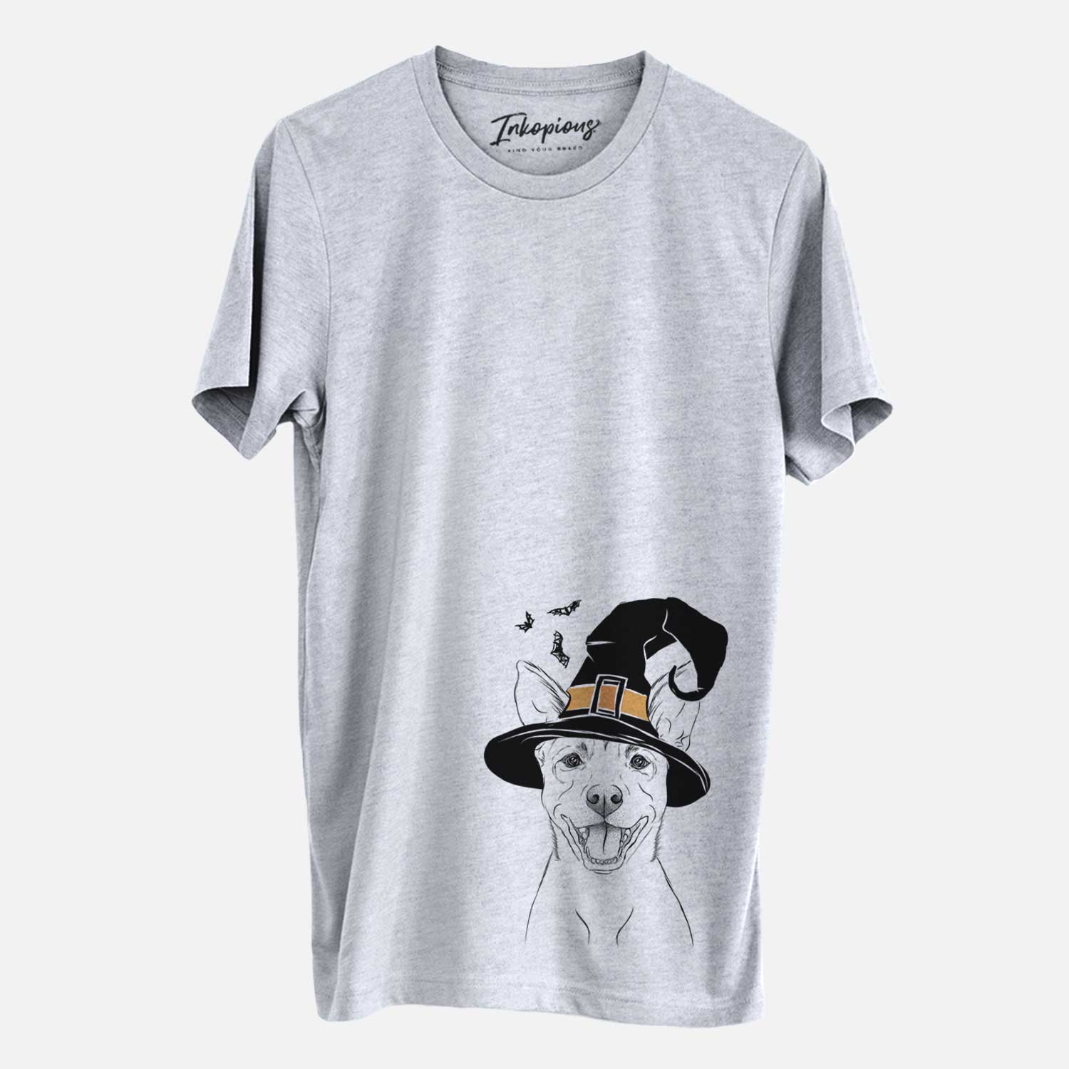 Hand-drawn sketch of Orange the Carolina Dog wearing a witch hat on a Grey Unisex crewneck