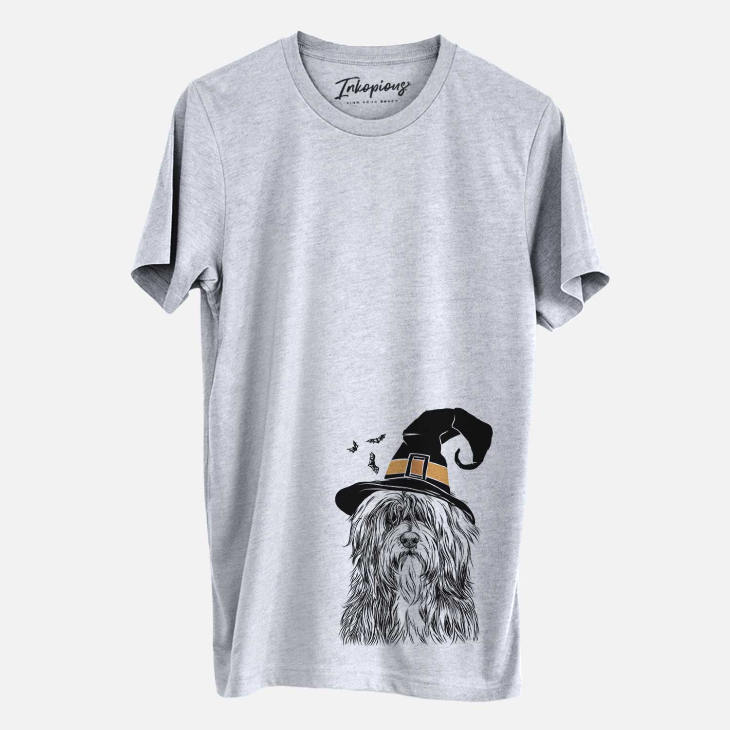 Hand-drawn sketch of Otto the Polish Lowland Sheepdog wearing a witch hat on a Grey Unisex crewneck