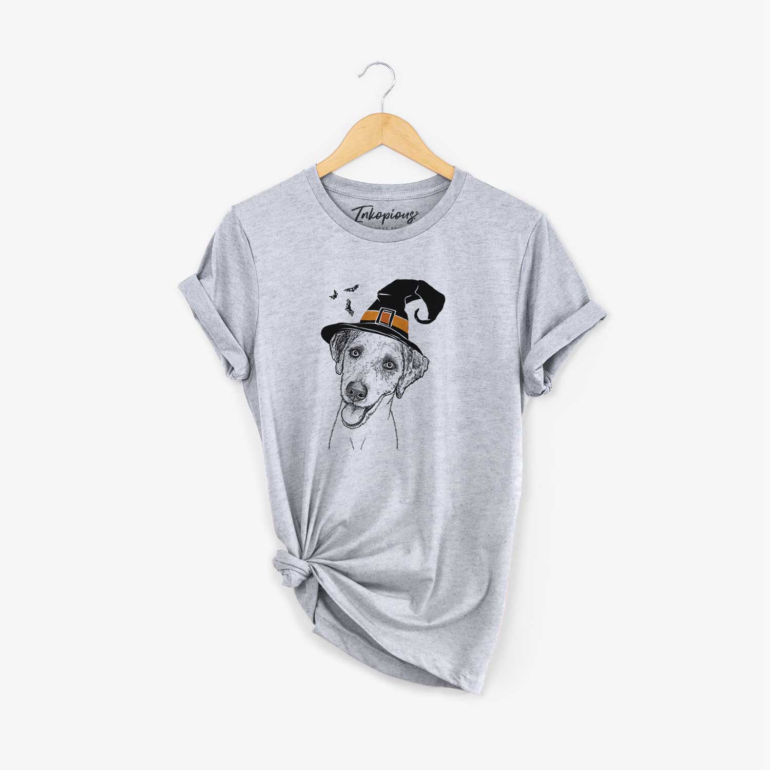 Hand-drawn sketch of Palm Palm the Aussiedoodle wearing a witch hat on a Grey Unisex crewneck