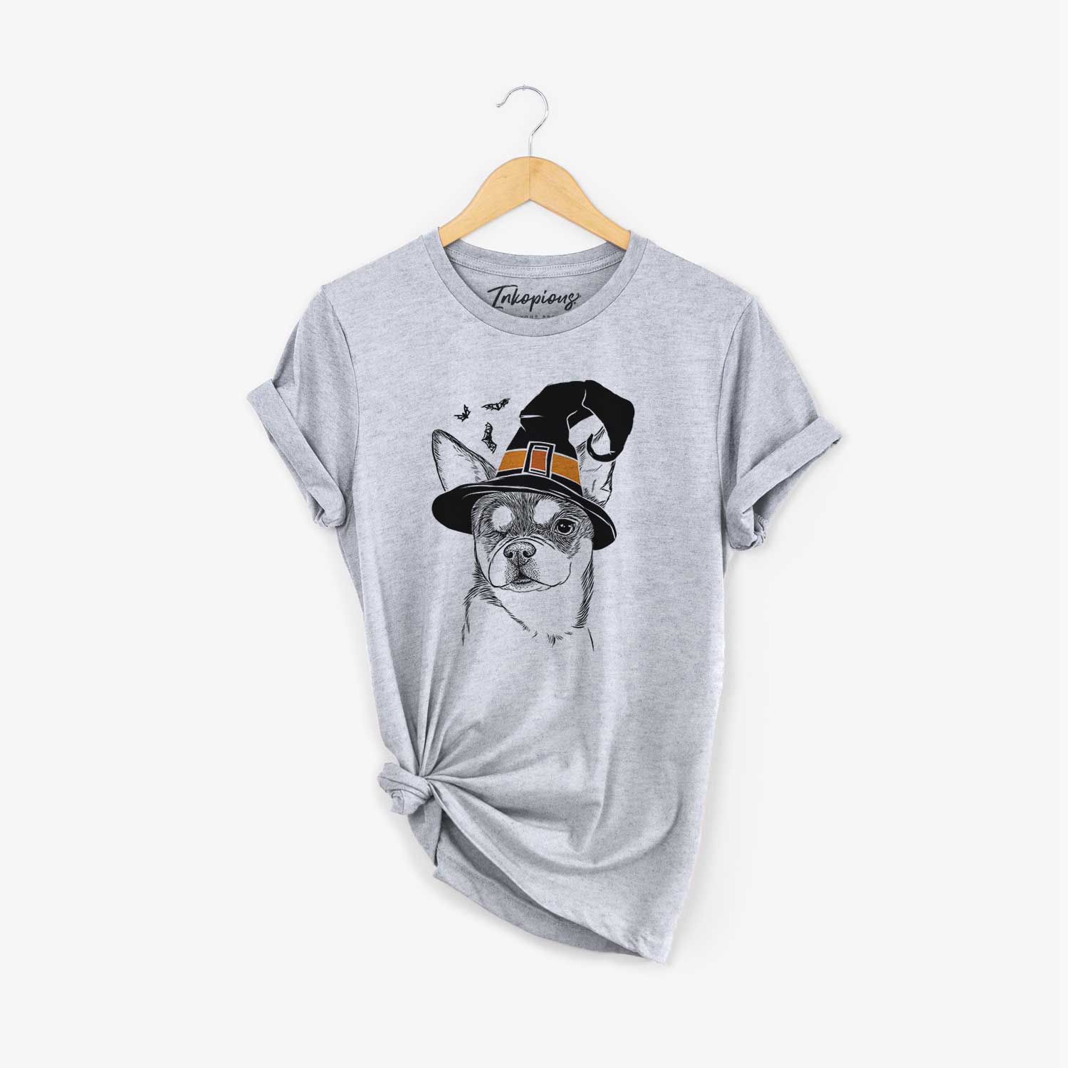 Hand-drawn sketch of Paris the Chihuahua wearing a witch hat on a Grey Unisex crewneck