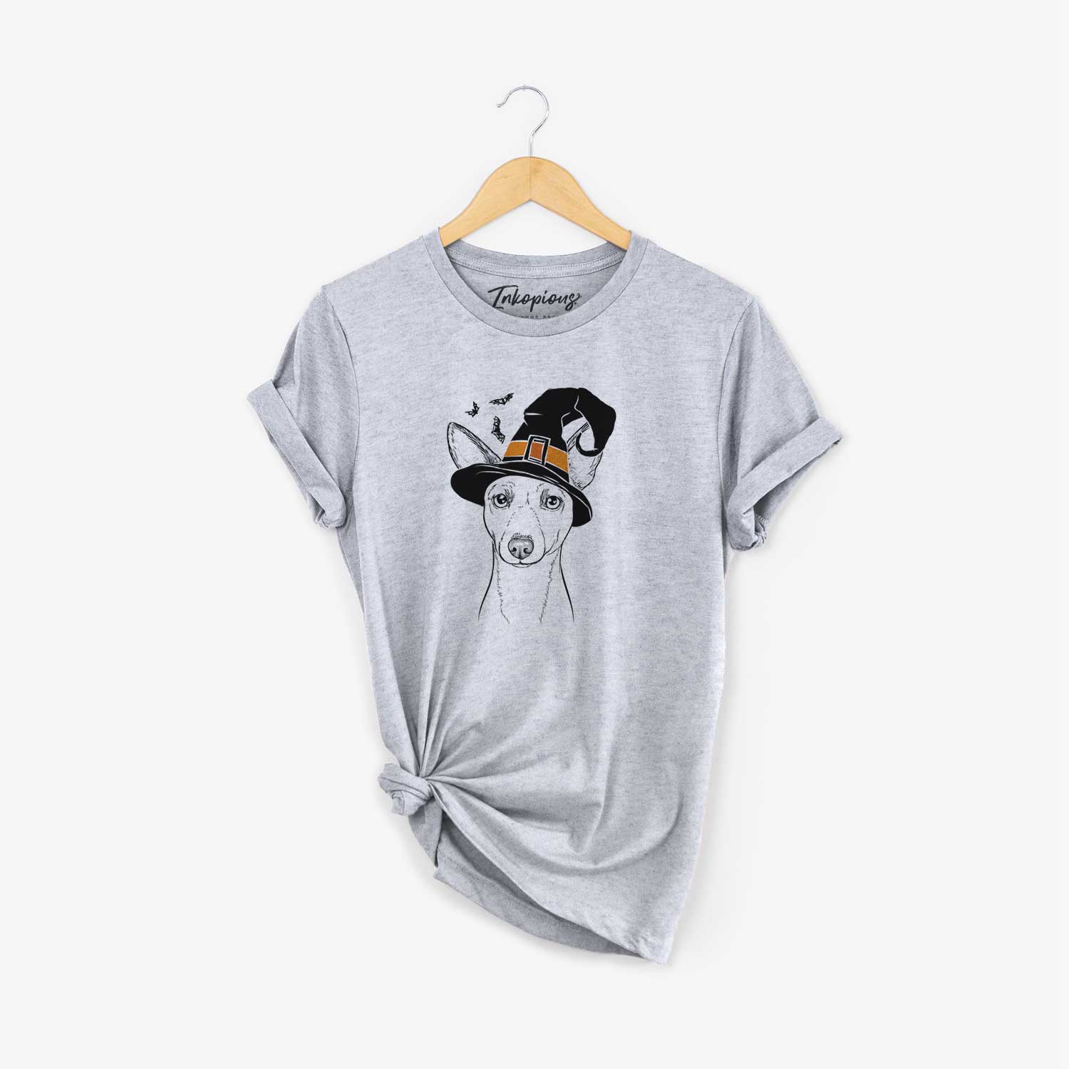 Hand-drawn sketch of Perry the Portuguese Podengo wearing a witch hat on a Grey Unisex crewneck