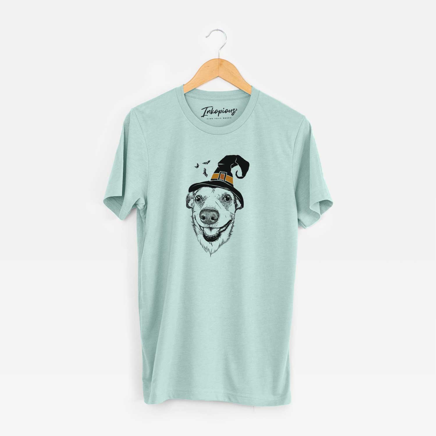 Hand-drawn sketch of Petrah the Staffy Mix wearing a witch hat on a Heather Sage Unisex crewneck