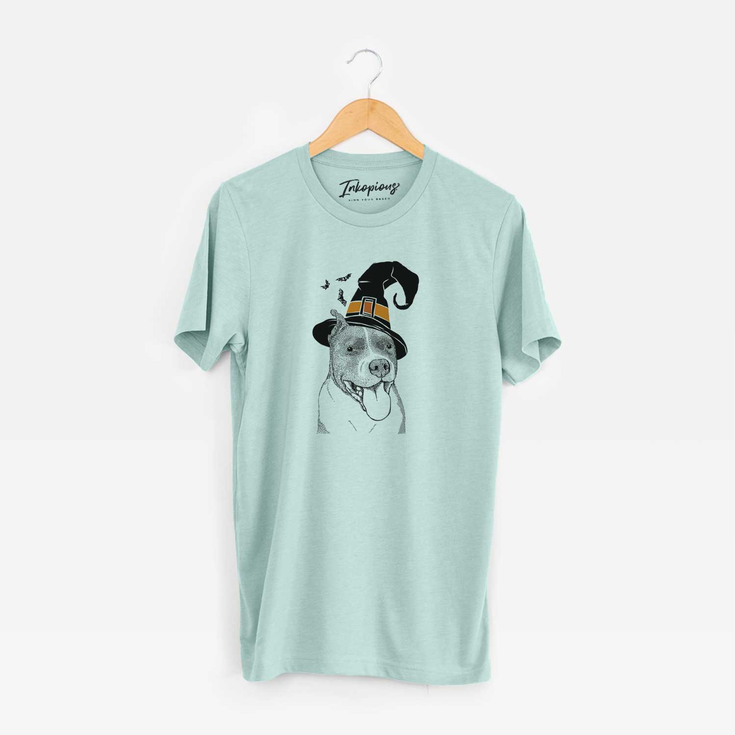 Hand-drawn sketch of Piggy the American Staffordshire Terrier wearing a witch hat on a Heather Sage Unisex crewneck
