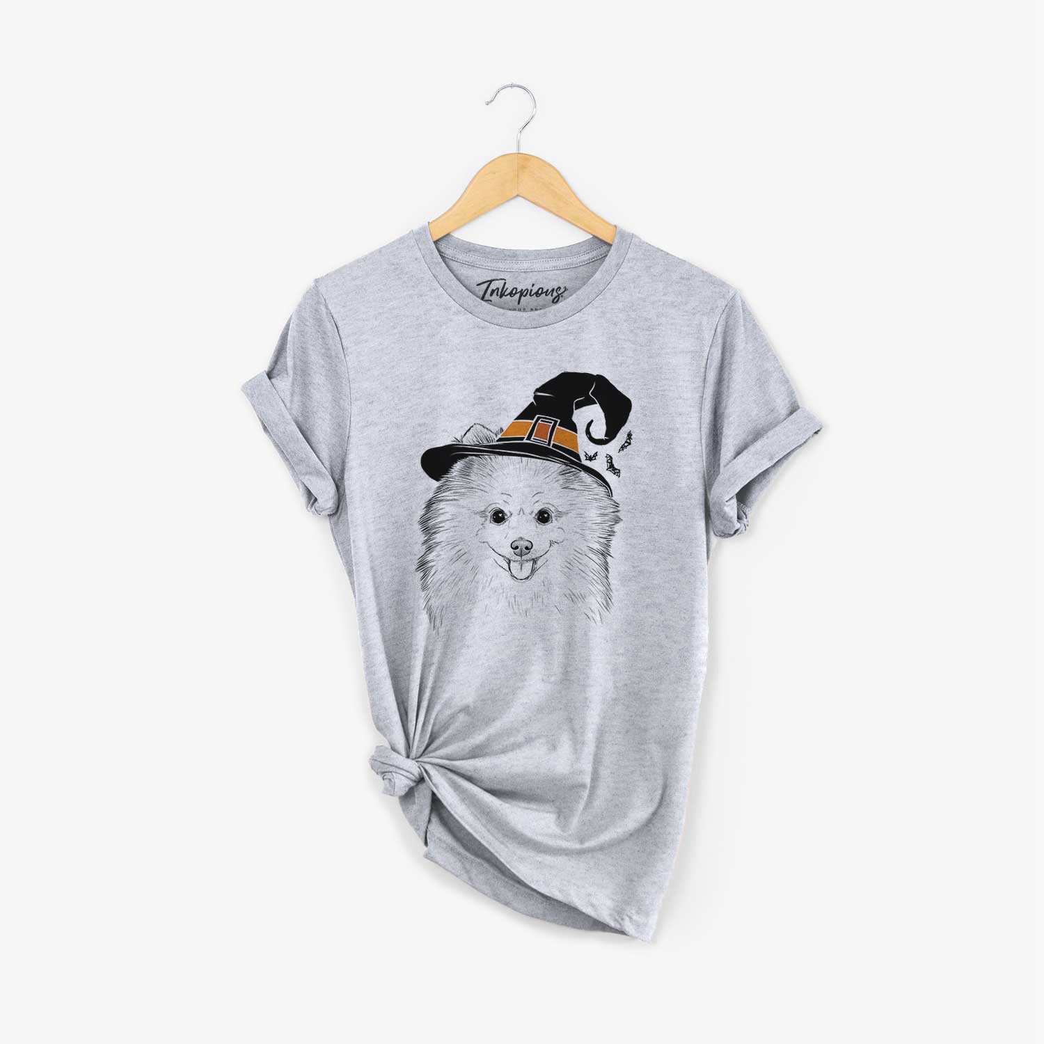 Hand-drawn sketch of Piper Jo the Pomeranian wearing a witch hat on a Grey Unisex crewneck