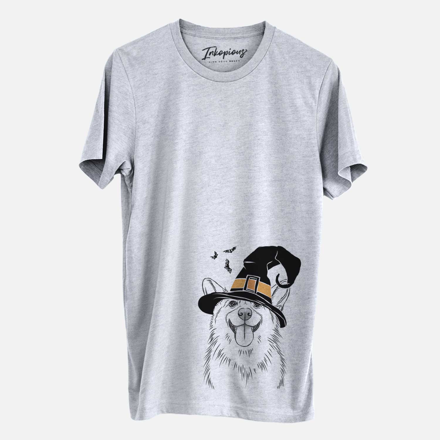 Hand-drawn sketch of Porter the Pembroke Welsh Corgi wearing a witch hat on a Grey Unisex crewneck