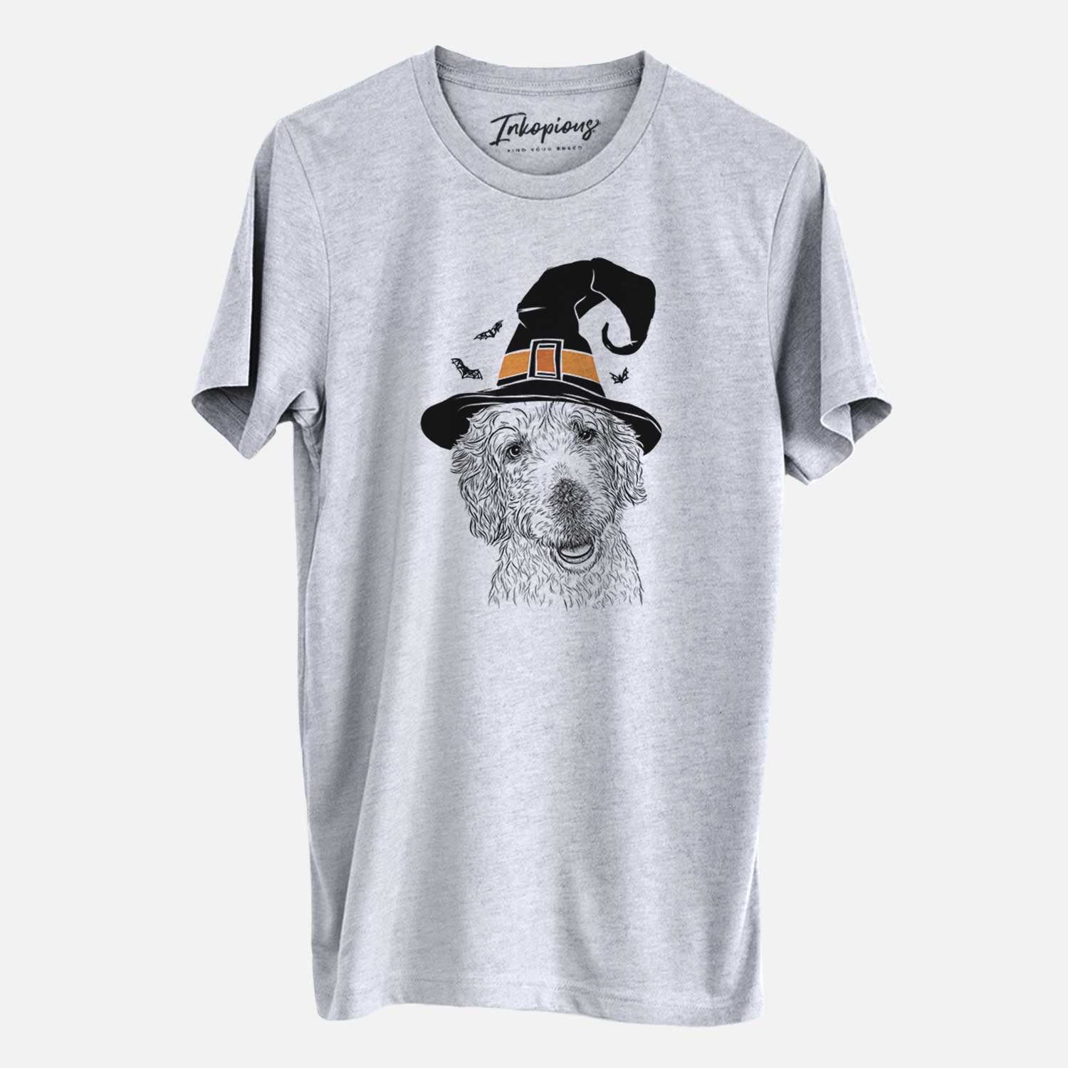 Hand-drawn sketch of Preston the Labradoodle wearing a witch hat on a Grey Unisex crewneck