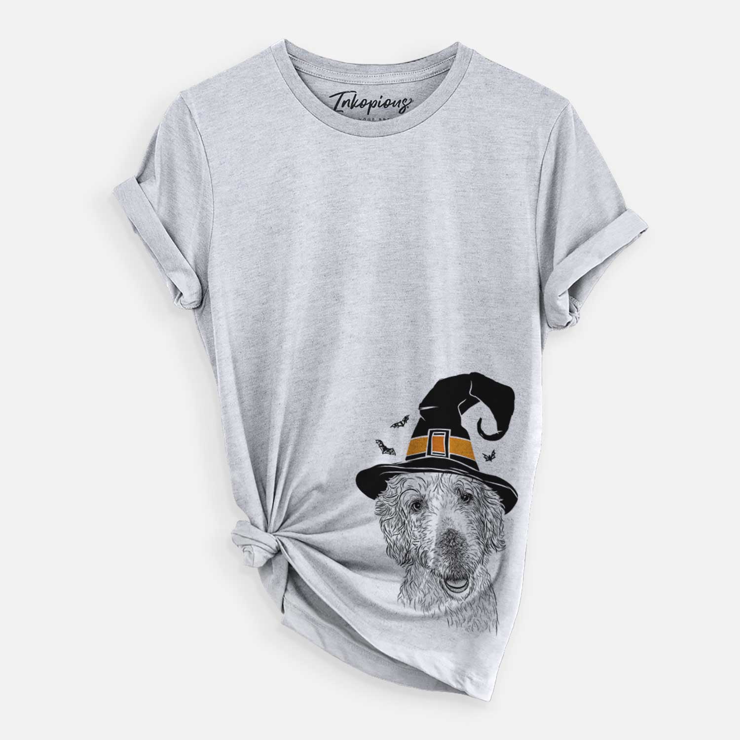 Hand-drawn sketch of Preston the Labradoodle wearing a witch hat on a Grey Unisex crewneck
