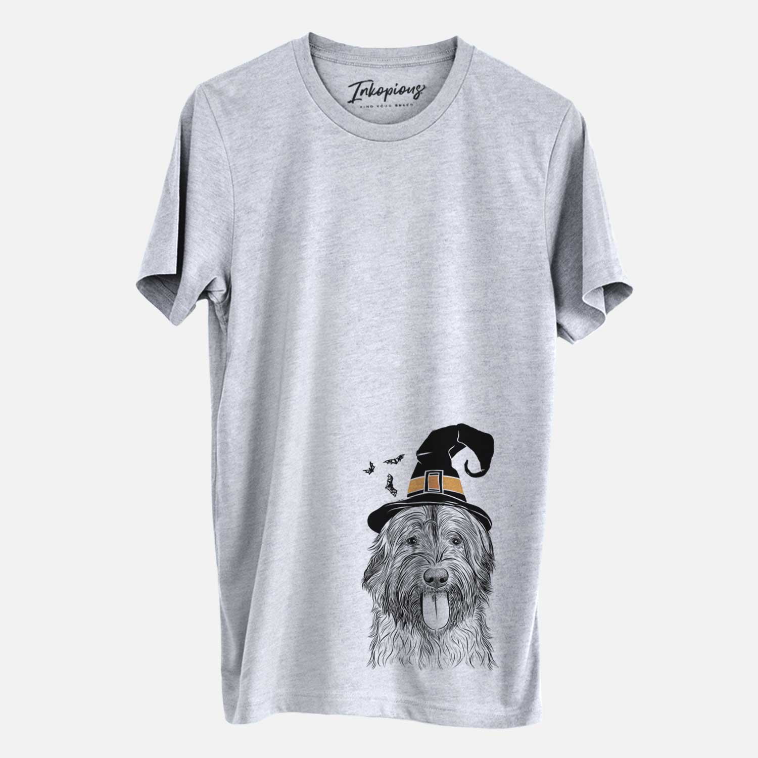 Hand-drawn sketch of Puig the Catalan Sheepdog wearing a witch hat on a Grey Unisex crewneck