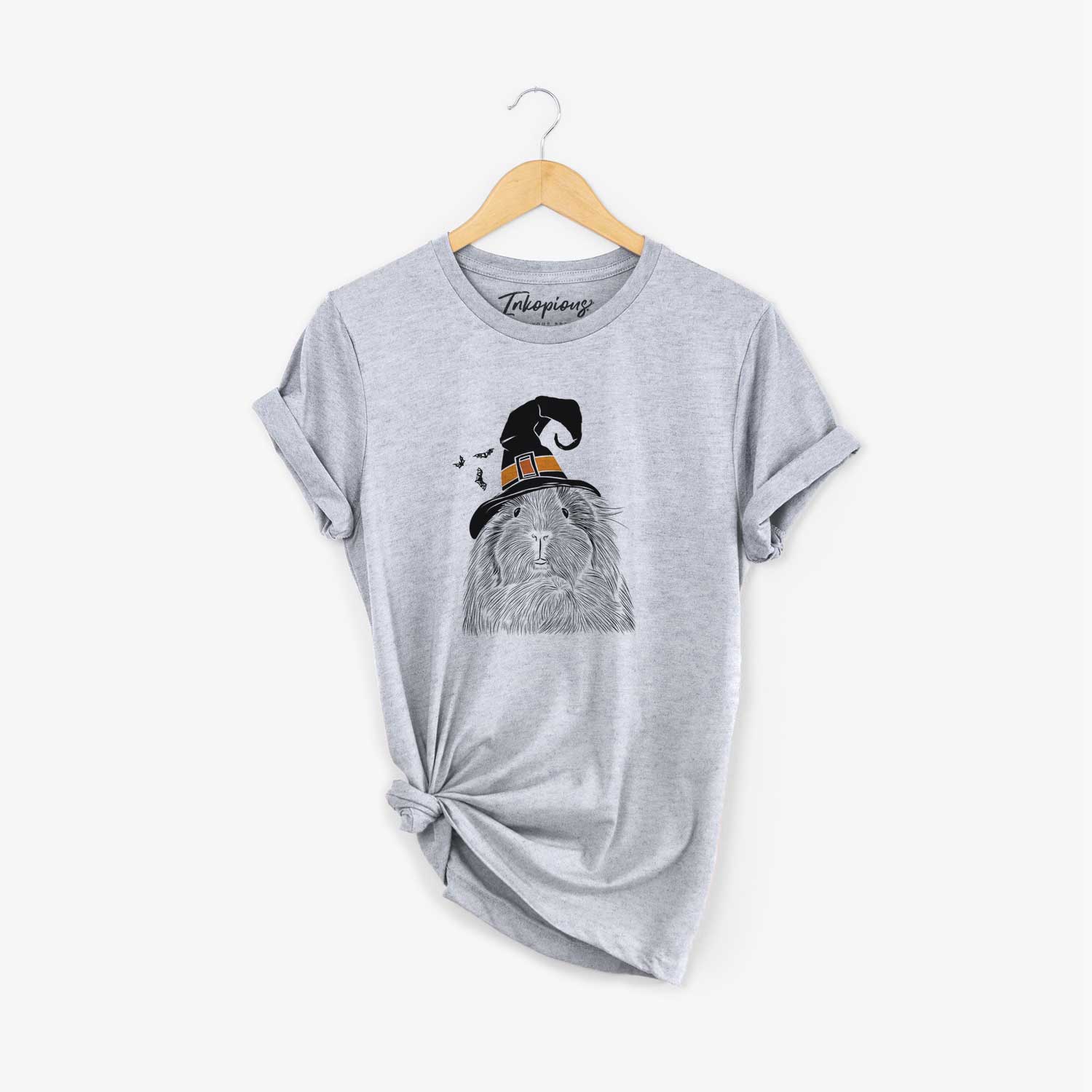 Hand-drawn sketch of Rhino the Guinea Pig wearing a witch hat on a Grey Unisex crewneck