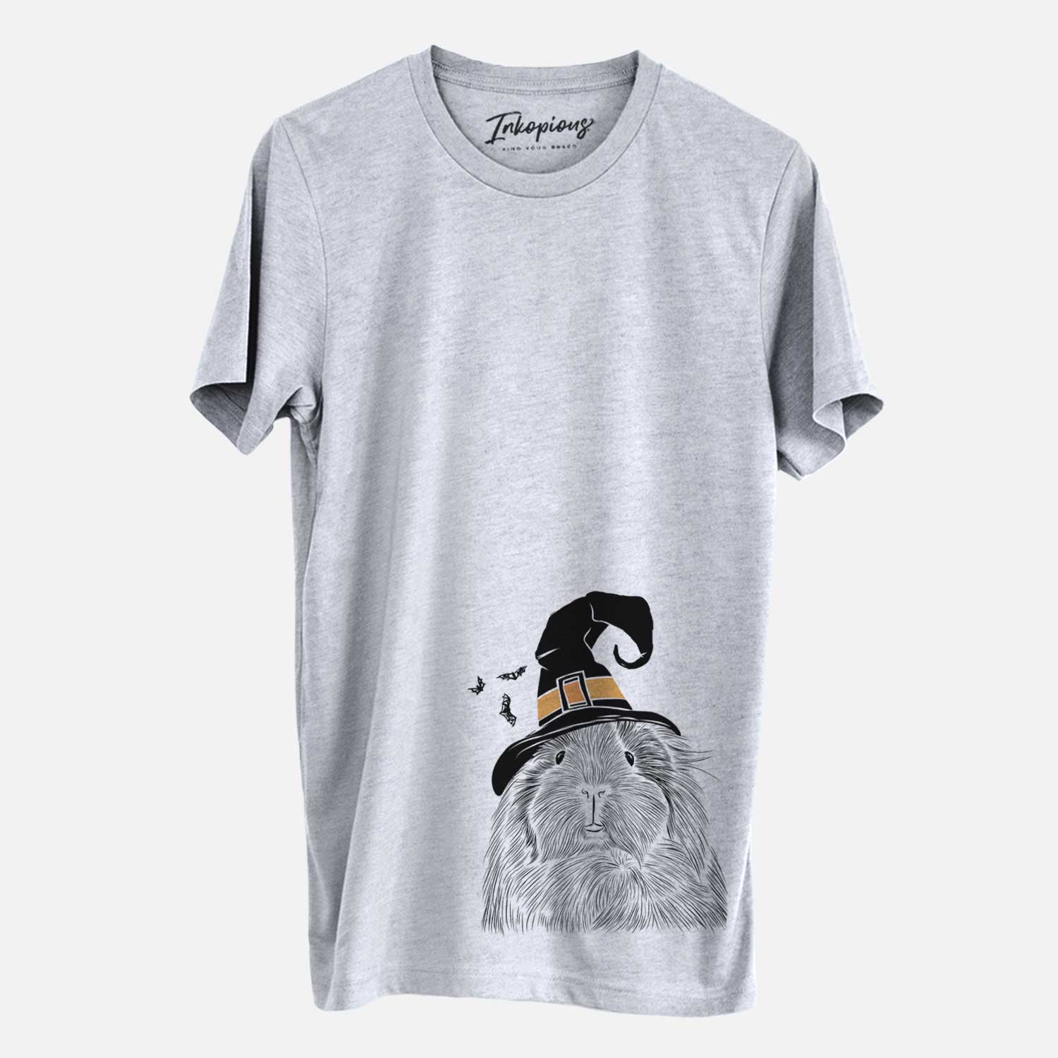 Hand-drawn sketch of Rhino the Guinea Pig wearing a witch hat on a Grey Unisex crewneck
