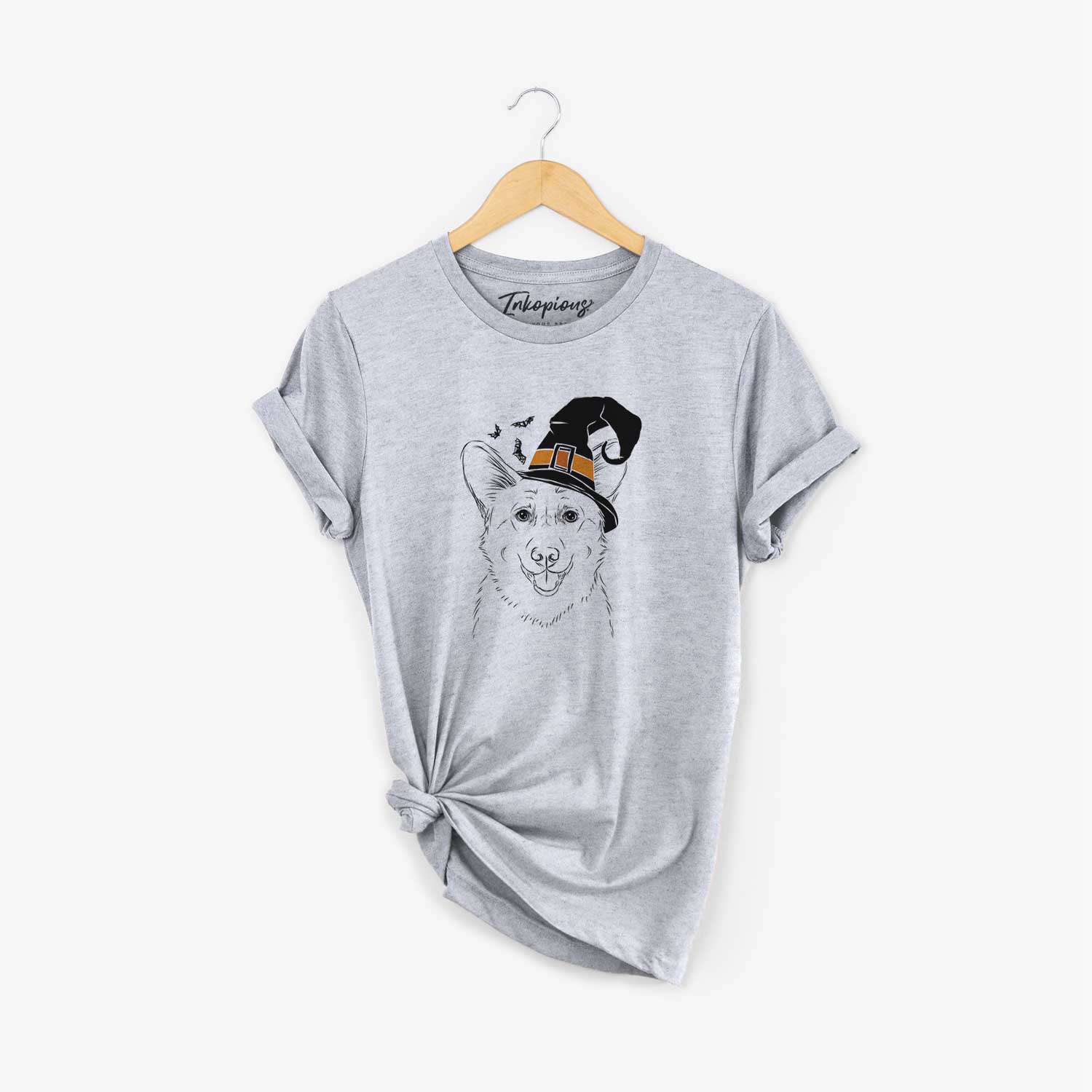 Hand-drawn sketch of Ricco the Corgi wearing a witch hat on a Grey Unisex crewneck
