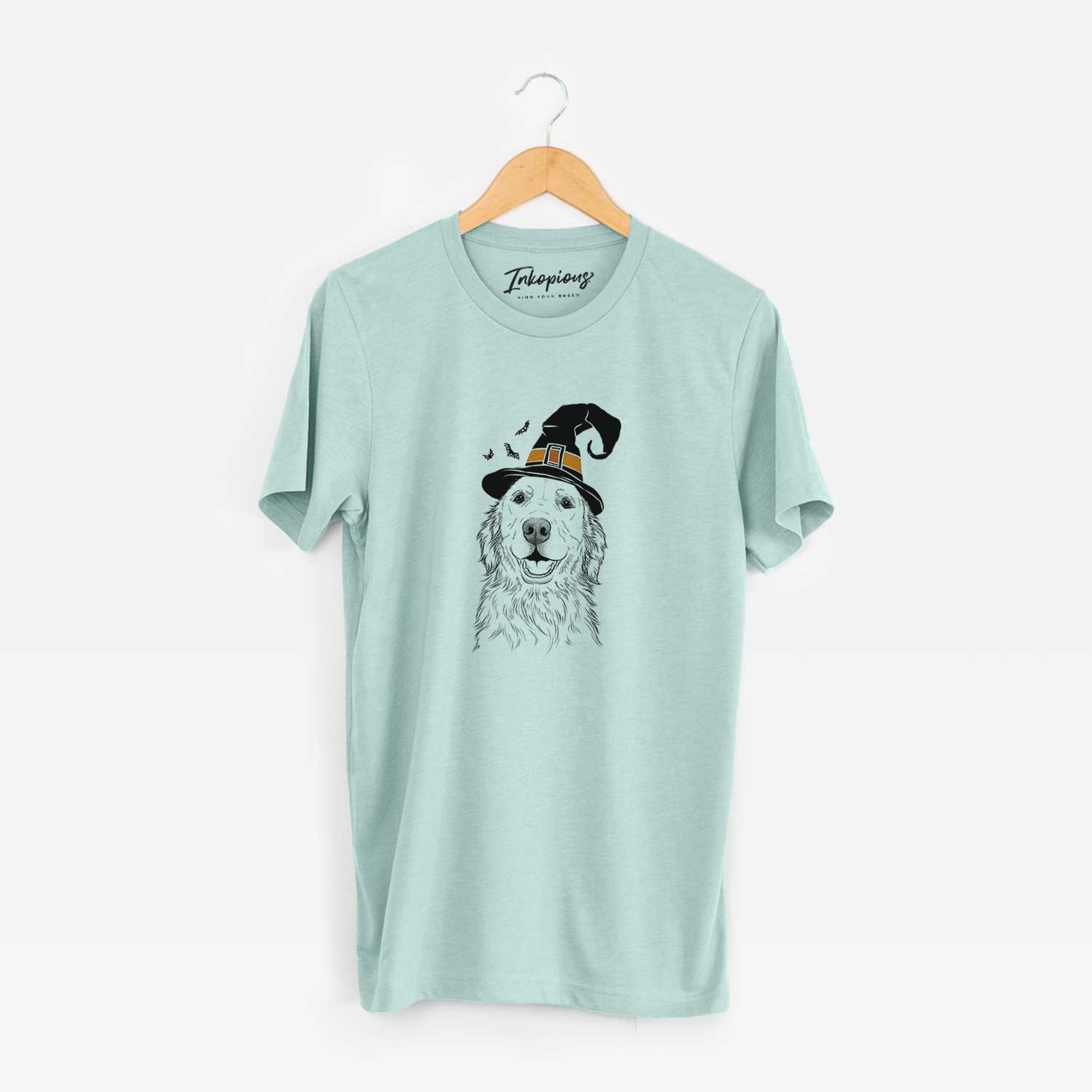 Hand-drawn sketch of Ridge the Golden Retriever wearing a witch hat on a Heather Sage Unisex crewneck
