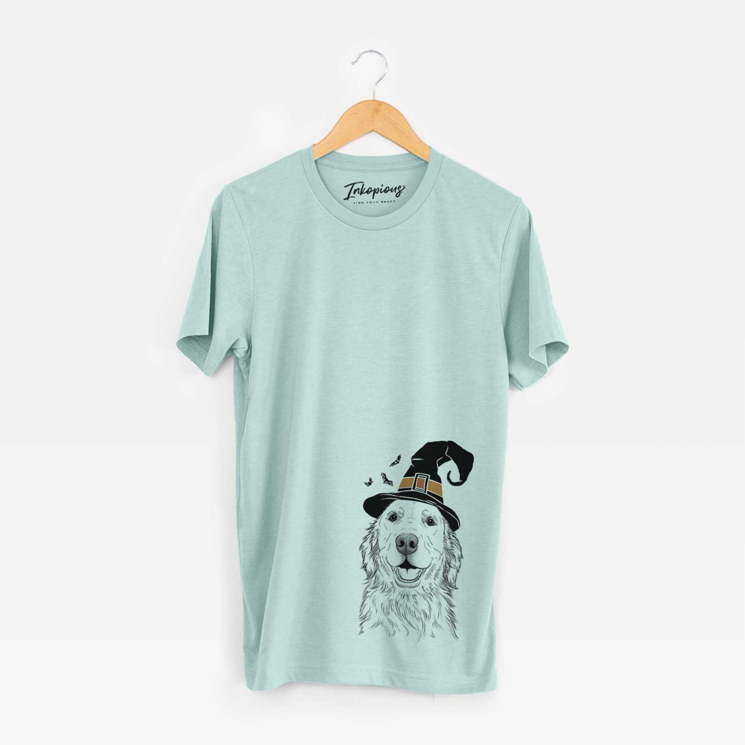 Hand-drawn sketch of Ridge the Golden Retriever wearing a witch hat on a Heather Sage Unisex crewneck