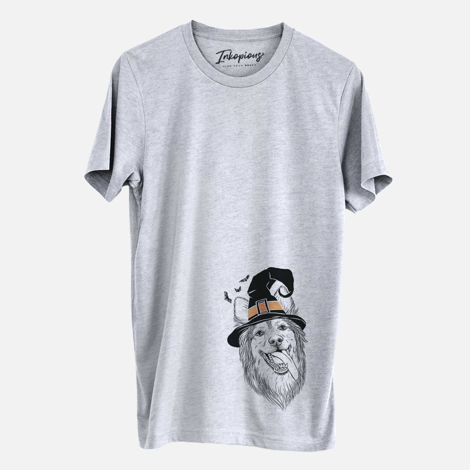 Hand-drawn sketch of Rosalie the German Shepherd Mix wearing a witch hat on a Grey Unisex crewneck