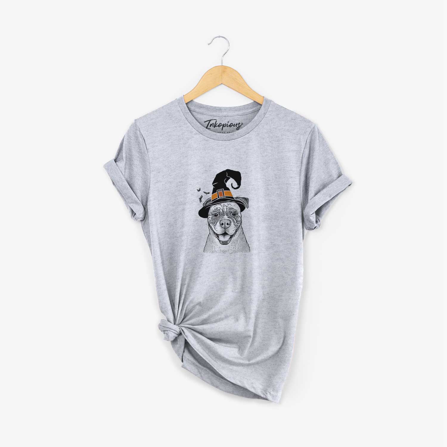 Hand-drawn sketch of Rufus the American Bulldog wearing a witch hat on a Grey Unisex crewneck
