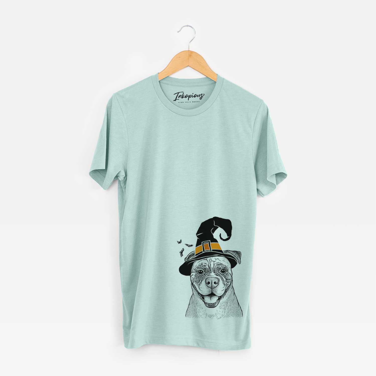 Hand-drawn sketch of Rufus the American Bulldog wearing a witch hat on a Heather Sage Unisex crewneck