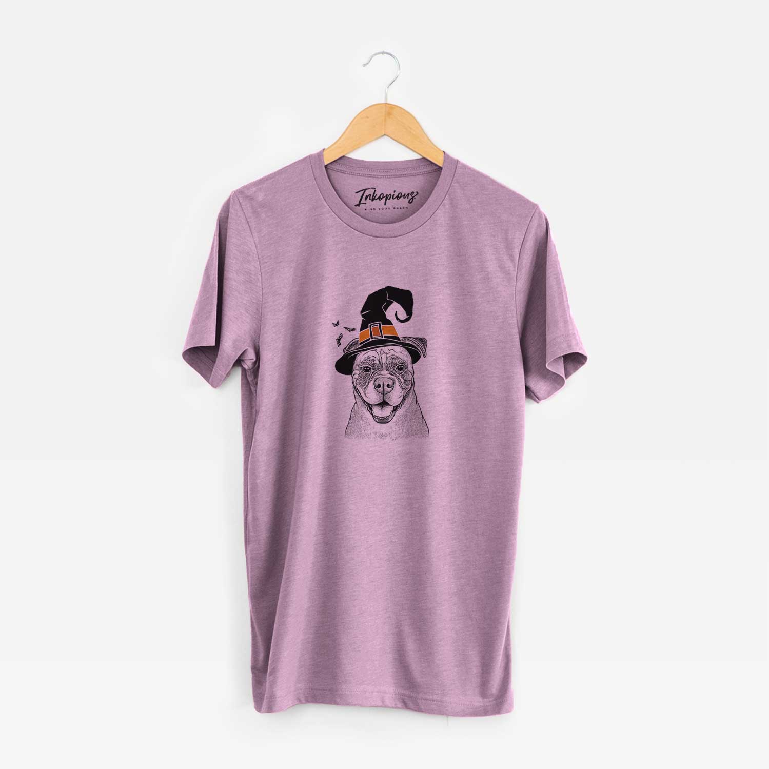 Hand-drawn sketch of Rufus the American Bulldog wearing a witch hat on an Orchid Unisex crewneck