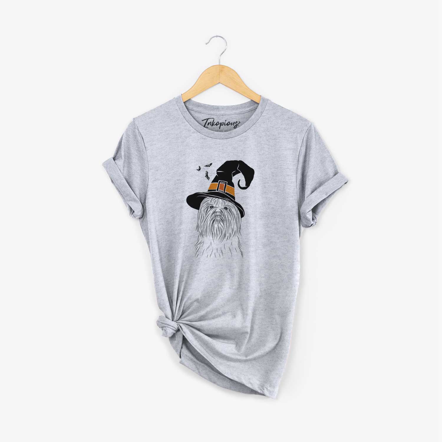 Hand-drawn sketch of Sabine the Shih Tzu wearing a witch hat on a Grey Unisex crewneck