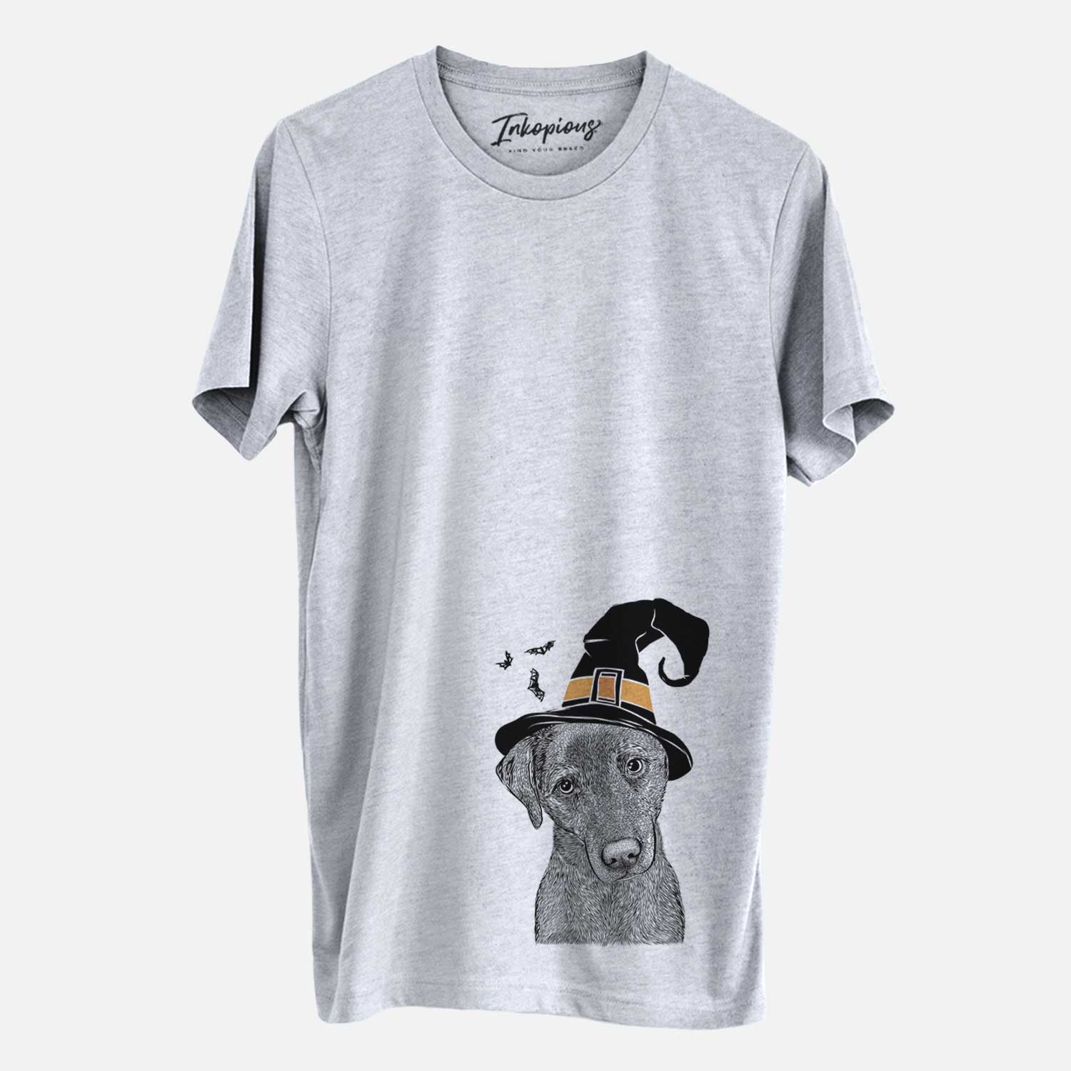 Hand-drawn sketch of Sadie the Whipador wearing a witch hat on a Grey Unisex crewneck