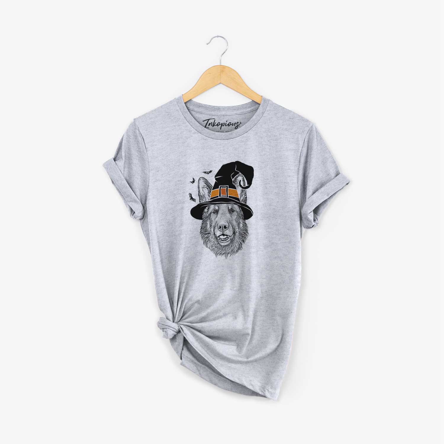 Hand-drawn sketch of Sammie the German Shepherd wearing a witch hat on a Grey Unisex crewneck