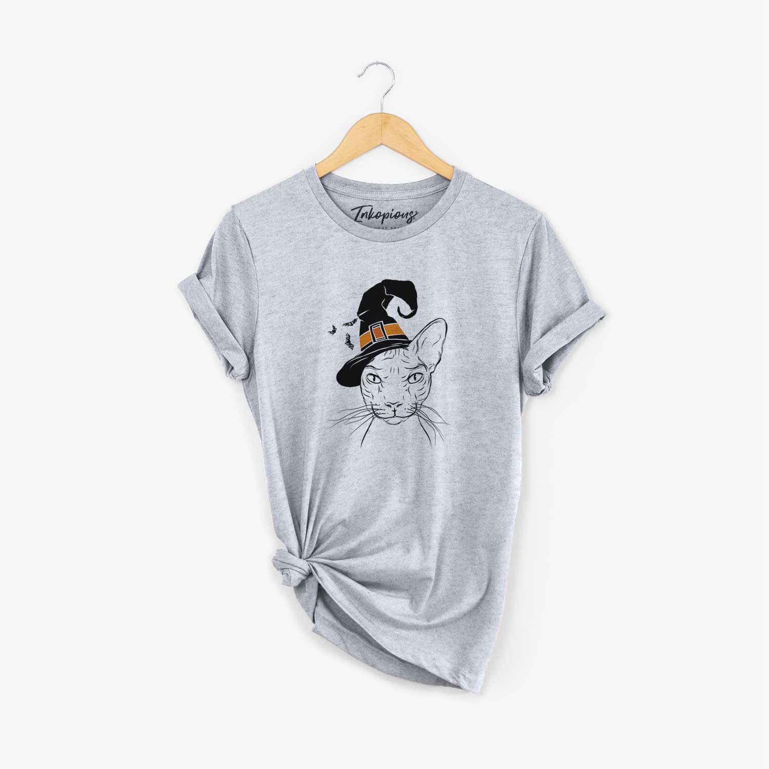 Hand-drawn sketch of Sammy the Spinx Cat wearing a witch hat on a Grey Unisex crewneck