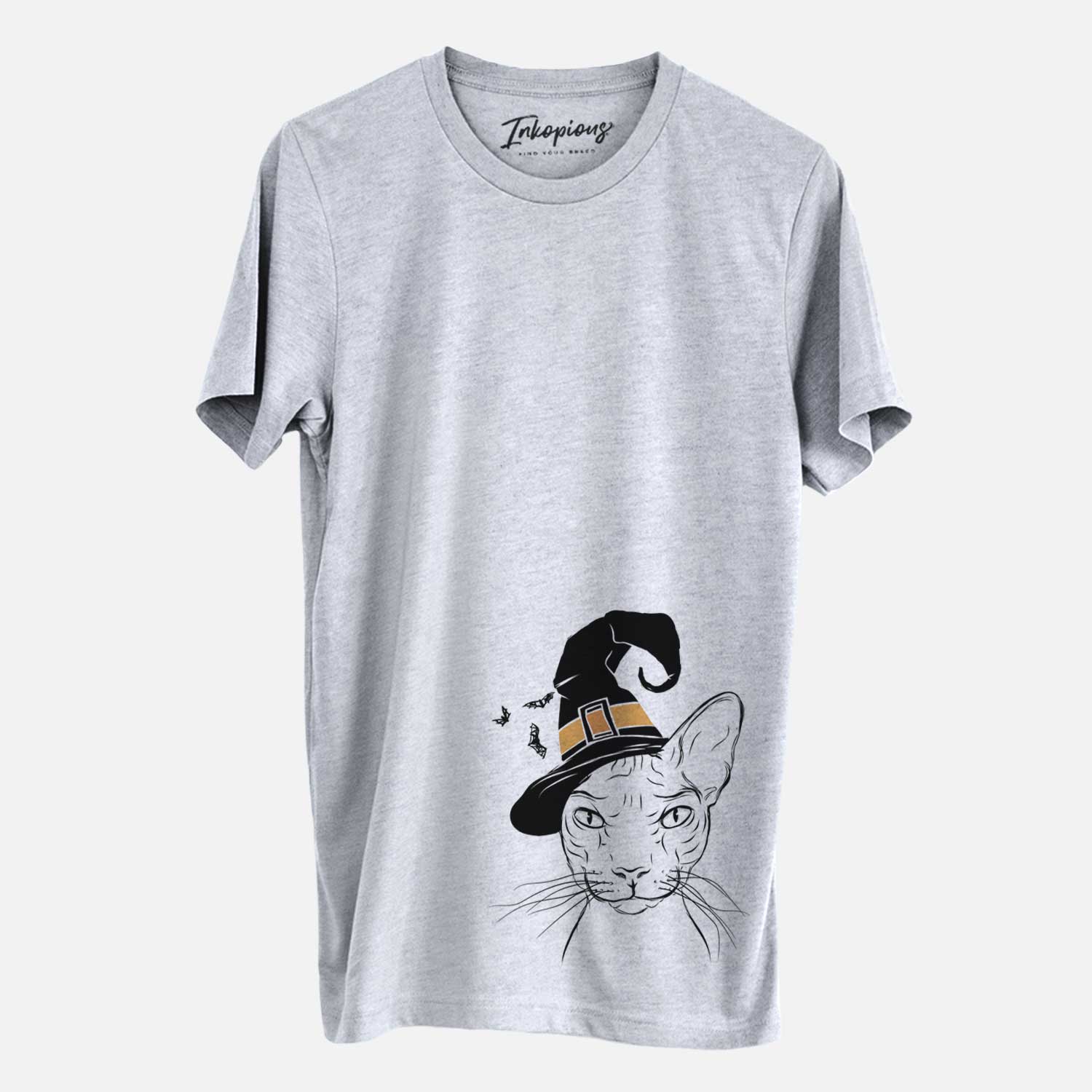 Hand-drawn sketch of Sammy the Spinx Cat wearing a witch hat on a Grey Unisex crewneck