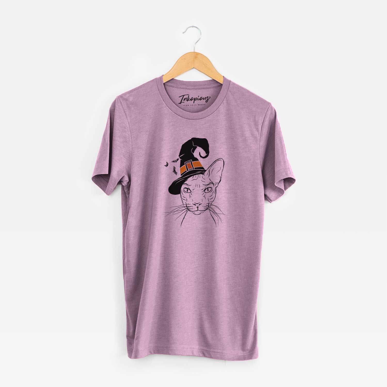 Hand-drawn sketch of Sammy the Spinx Cat wearing a witch hat on an Orchid Unisex crewneck