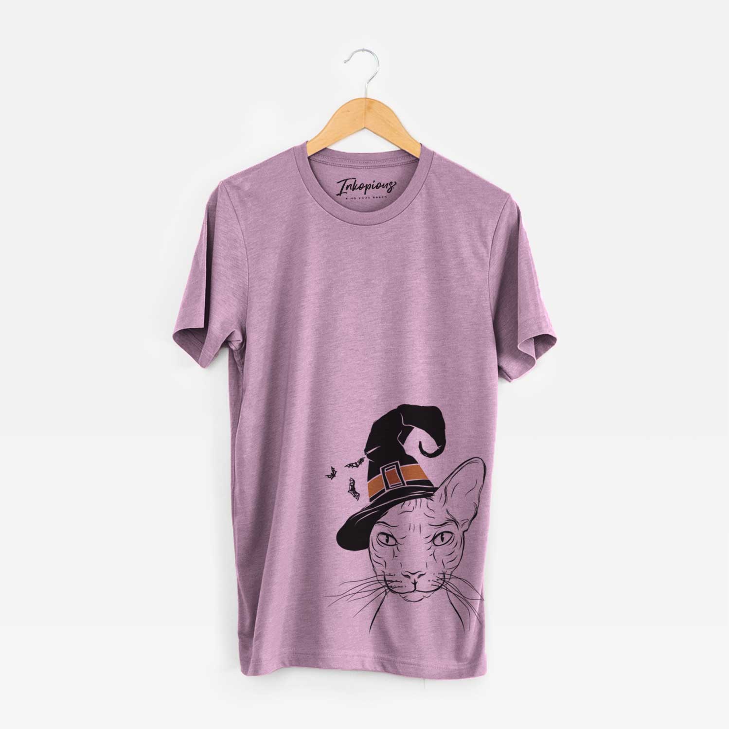 Hand-drawn sketch of Sammy the Spinx Cat wearing a witch hat on an Orchid Unisex crewneck