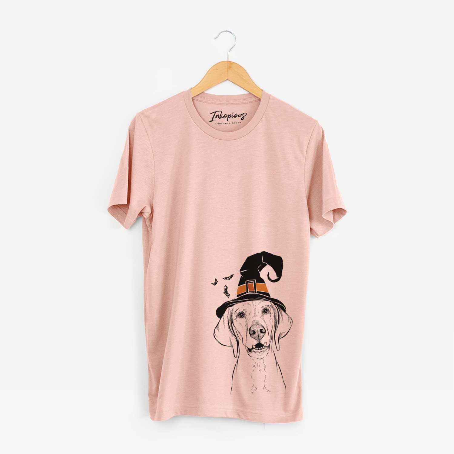 Hand-drawn sketch of Sarge the Vizsla wearing a witch hat on a Peach Unisex crewneck