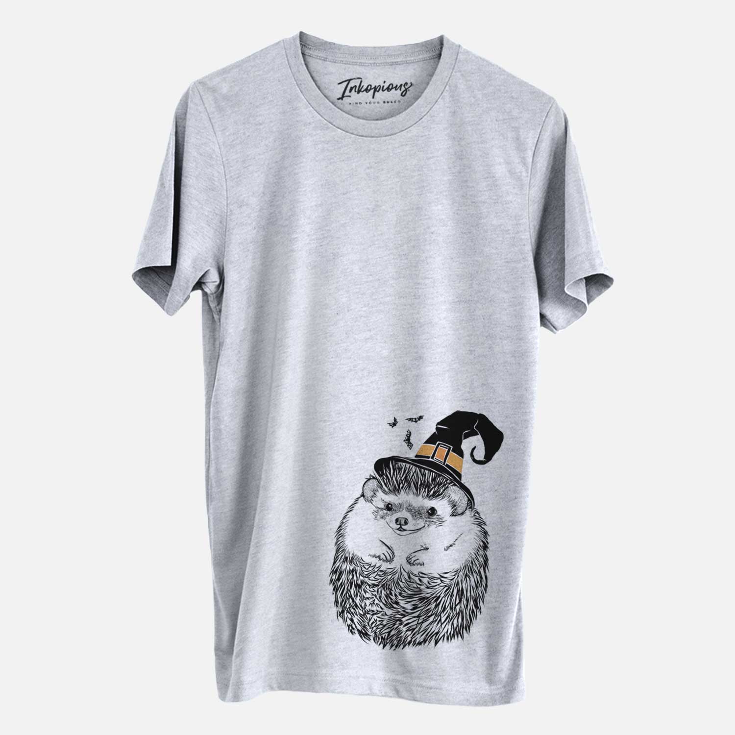 Hand-drawn sketch of Sid the Hedgehog wearing a witch hat on a Grey Unisex crewneck