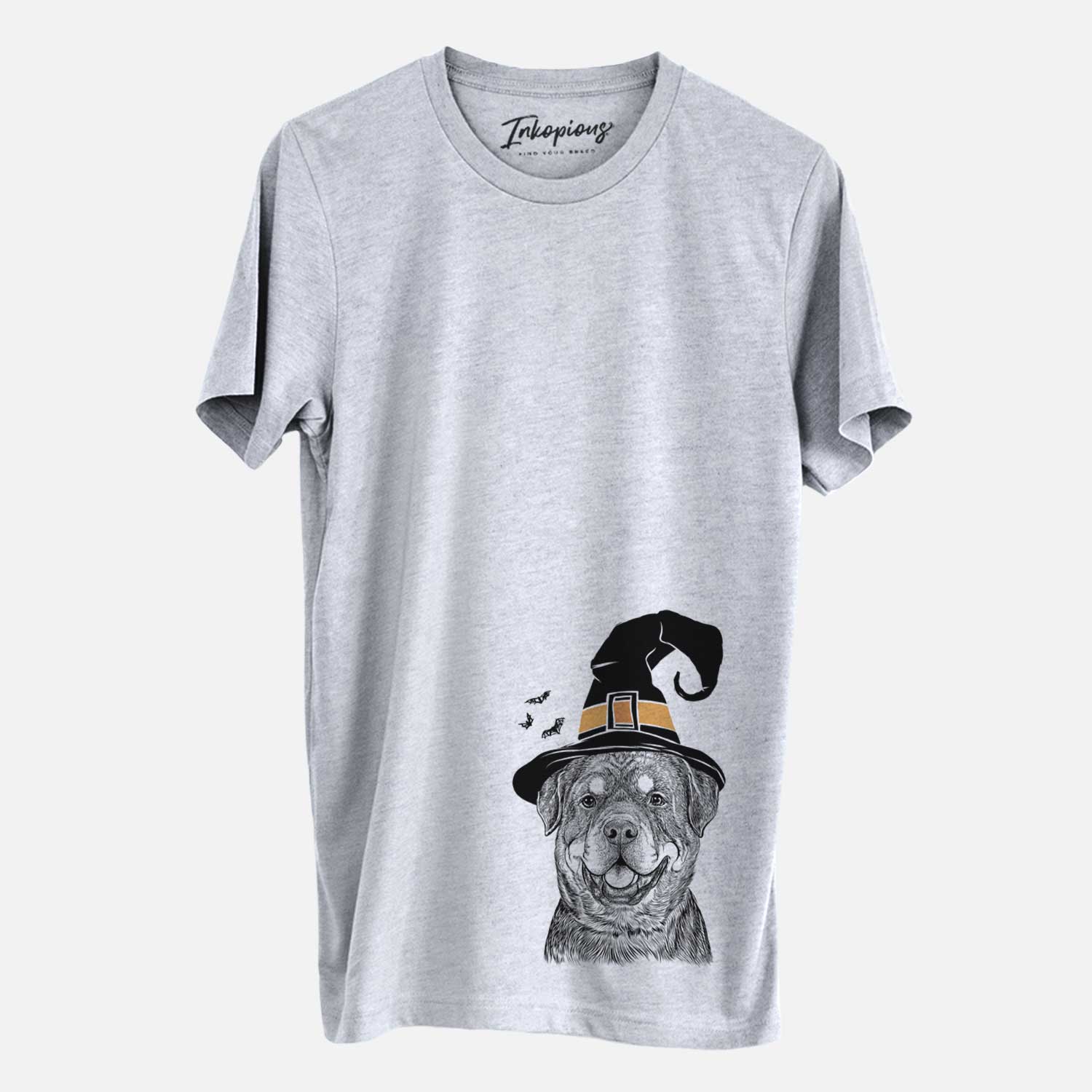 Hand-drawn sketch of Sig the Rottweiler wearing a witch hat on a Grey Unisex crewneck