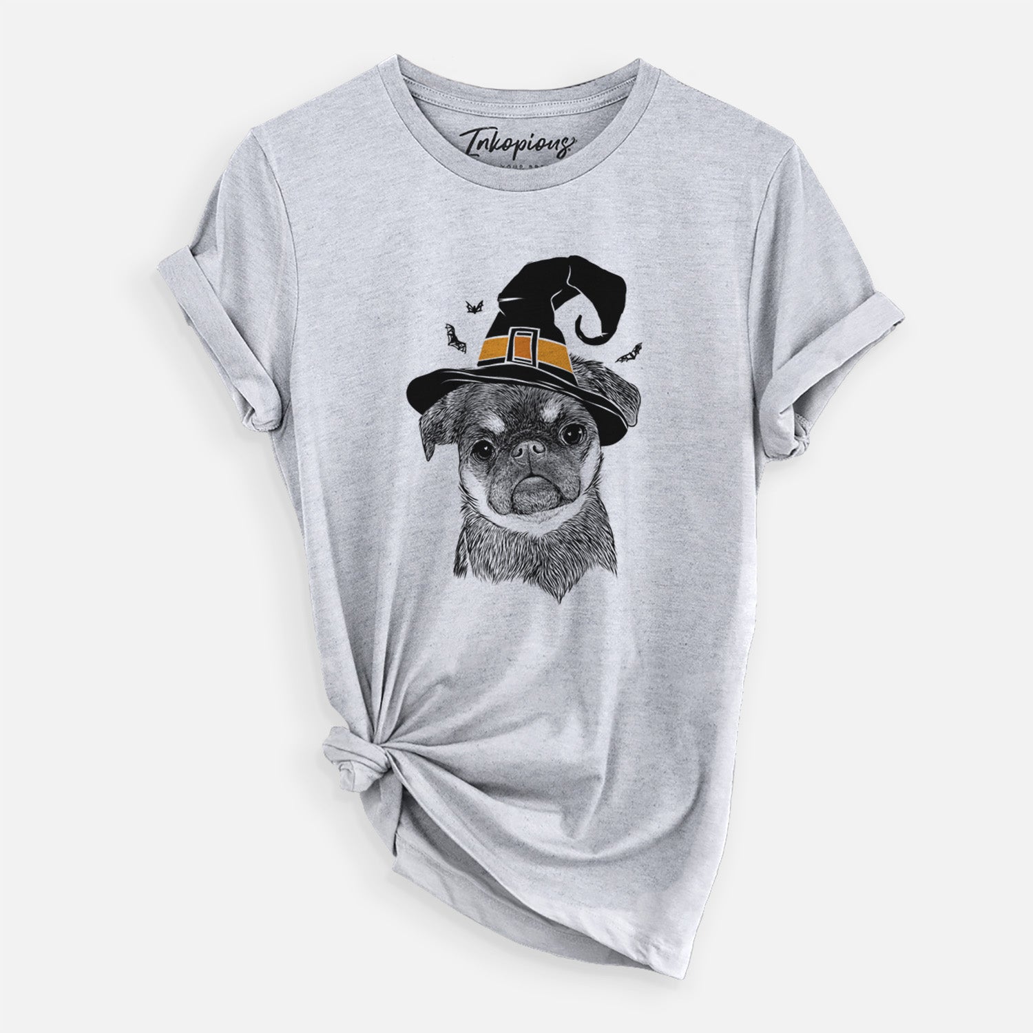 Hand-drawn sketch of Simone the Brussels Griffon wearing a witch hat on a Grey Unisex crewneck
