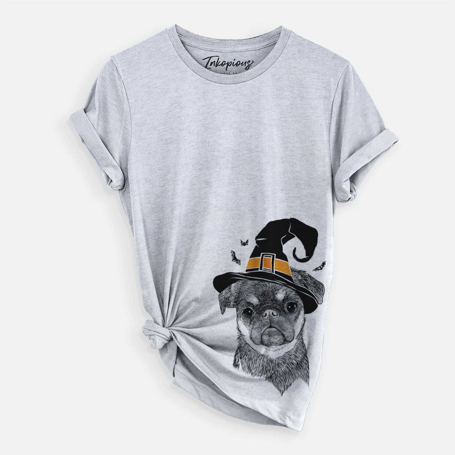 Hand-drawn sketch of Simone the Brussels Griffon wearing a witch hat on a Grey Unisex crewneck