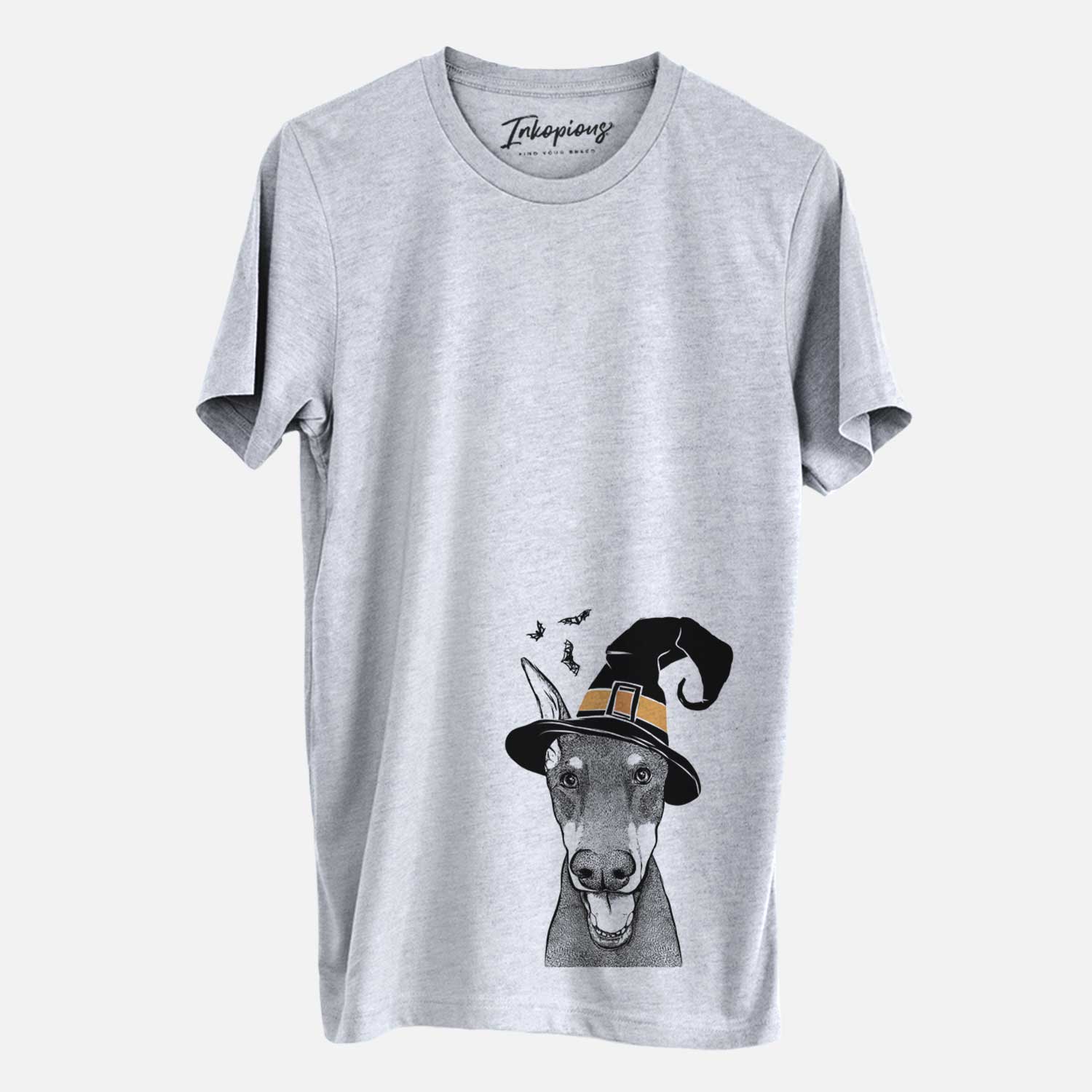 Hand-drawn sketch of Sir Duke the Doberman Pinscher wearing a witch hat on a Grey Unisex crewneck