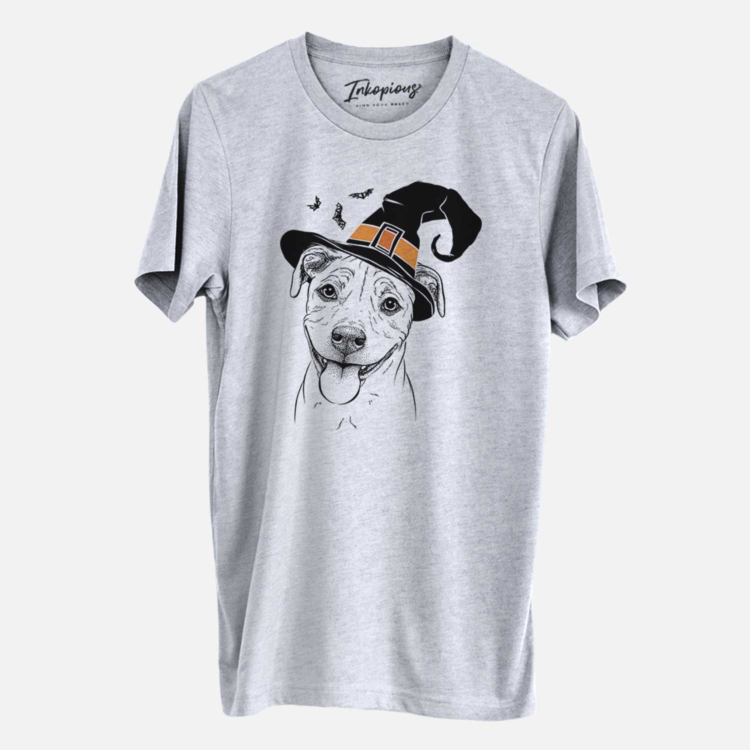 Hand-drawn sketch of Skye the Pitweiler wearing a witch hat on a Grey Unisex crewneck
