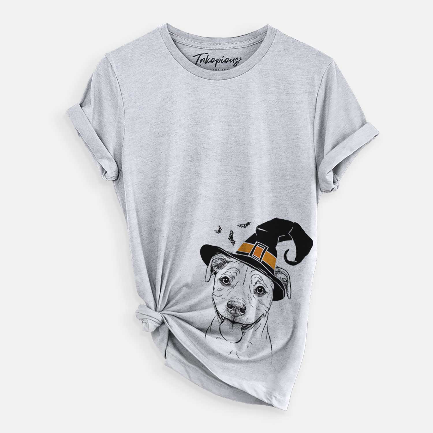 Hand-drawn sketch of Skye the Pitweiler wearing a witch hat on a Grey Unisex crewneck