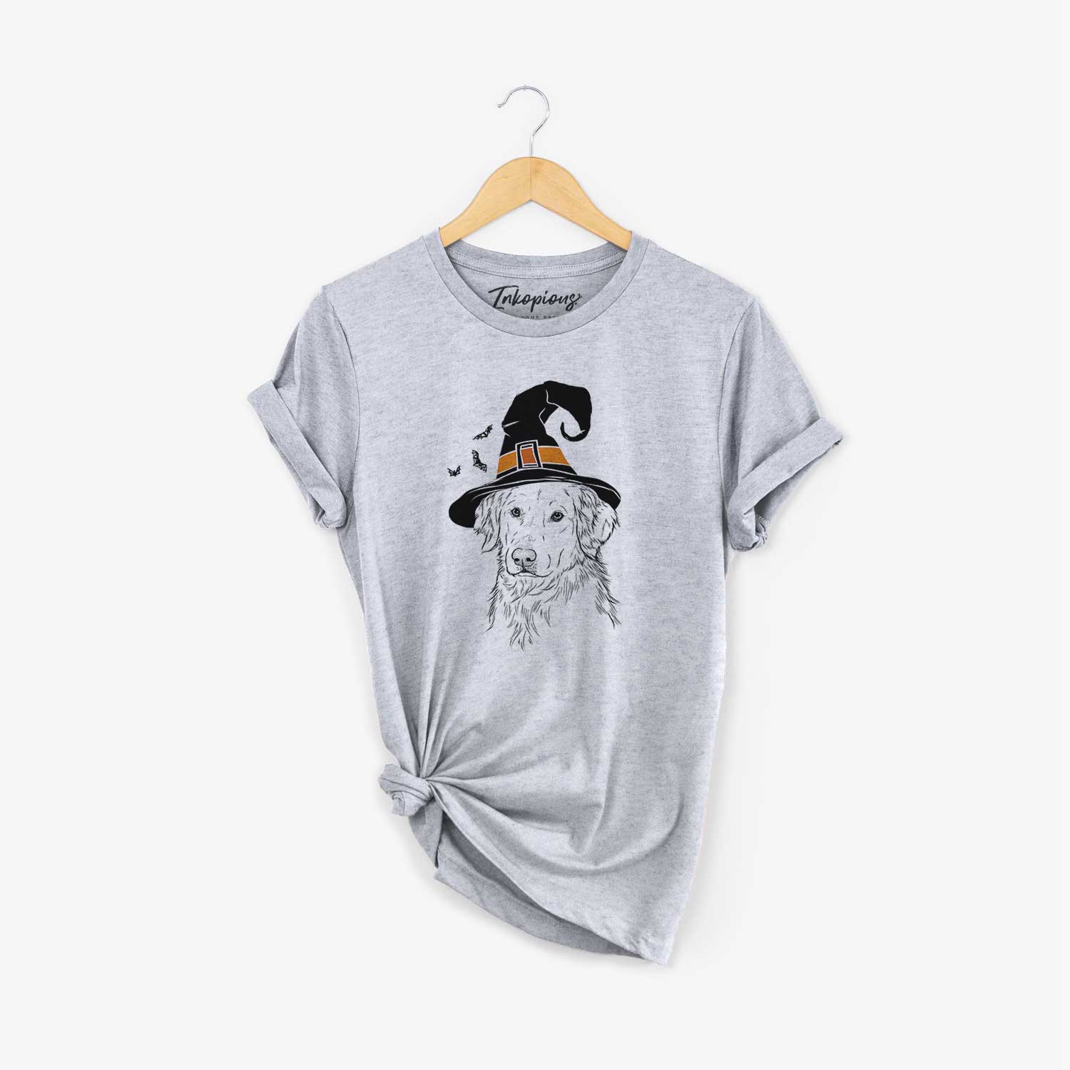 Hand-drawn sketch of Spencer the Golden Retriever wearing a witch hat on a Grey Unisex crewneck