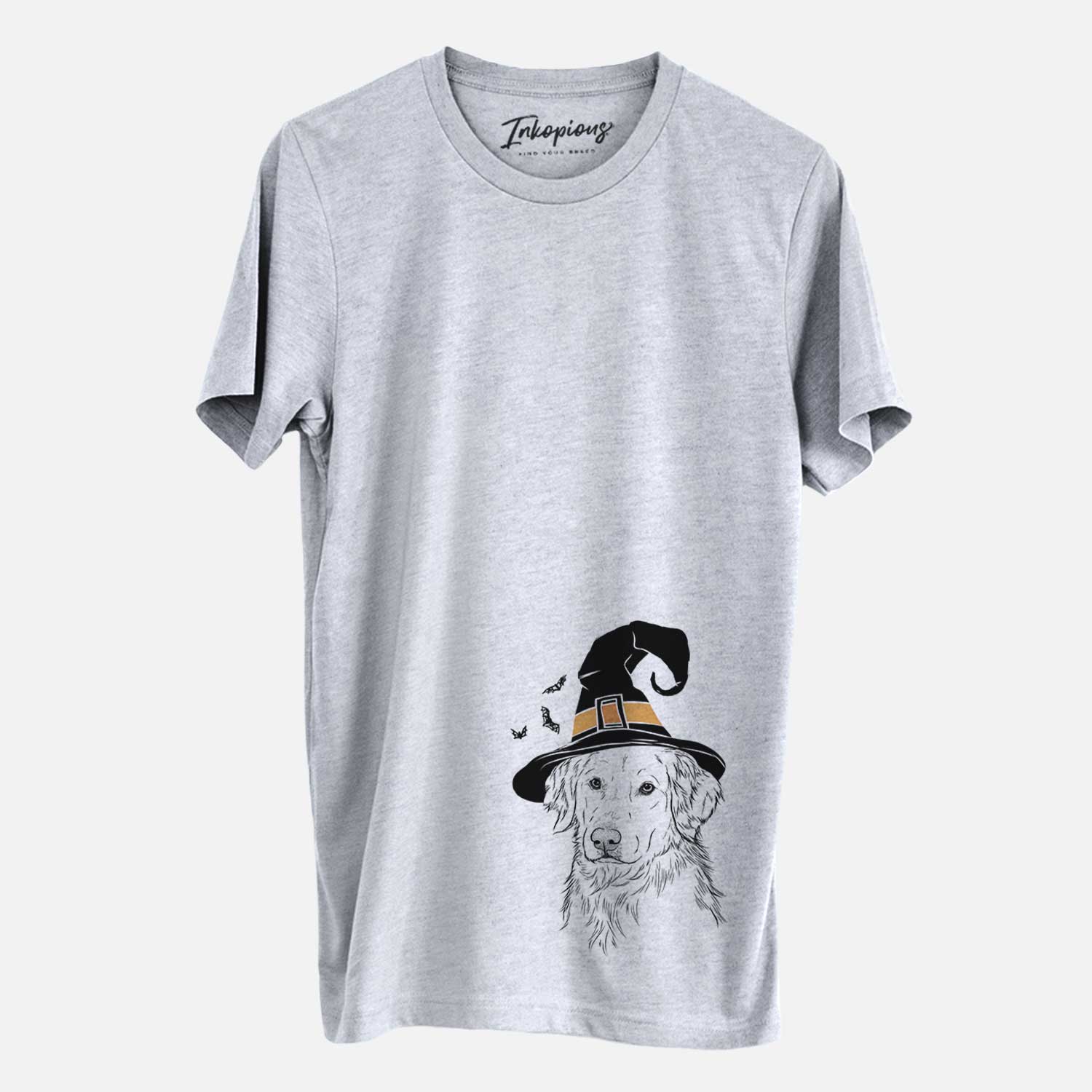 Hand-drawn sketch of Spencer the Golden Retriever wearing a witch hat on a Grey Unisex crewneck