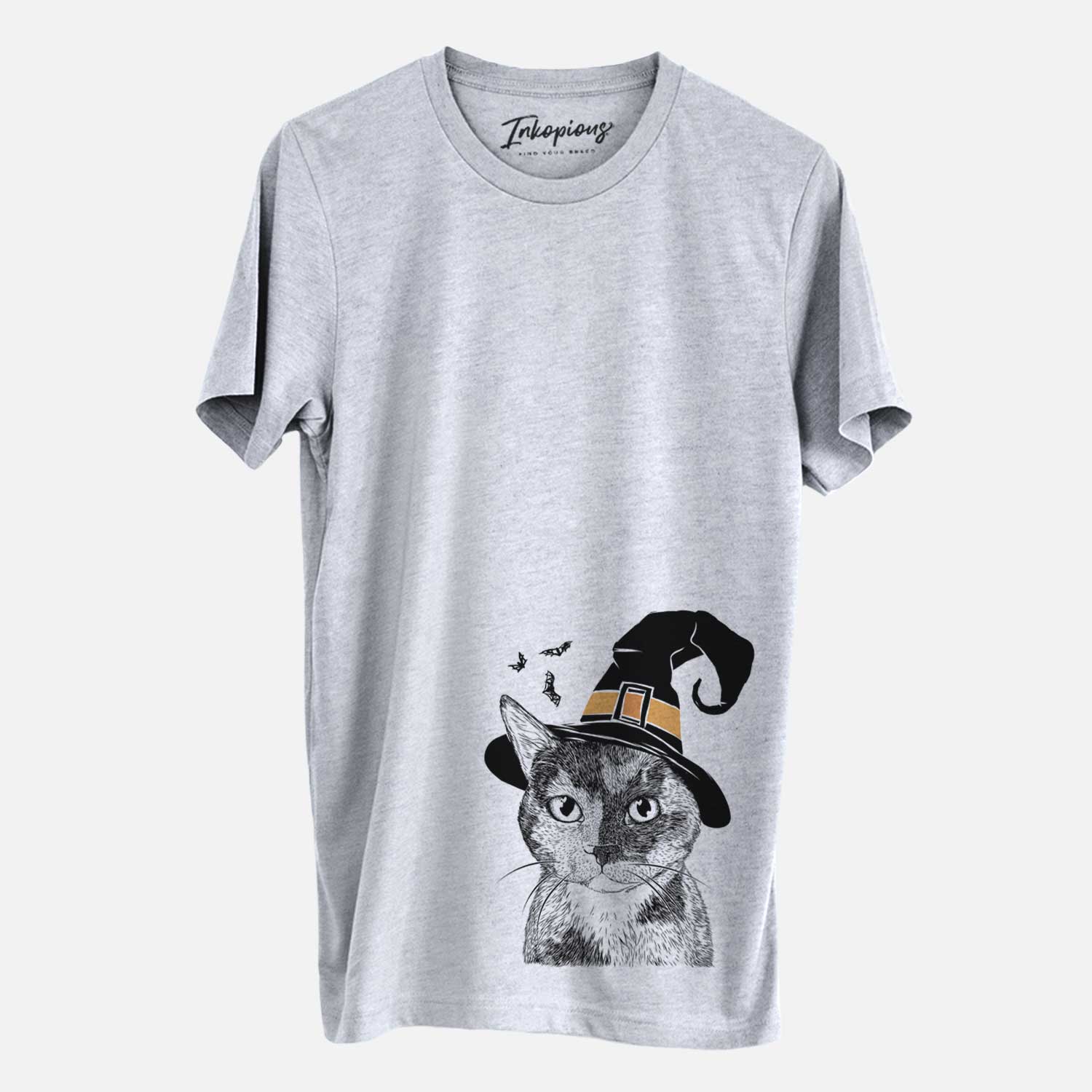 Hand-drawn sketch of Spooky Kitty the Tortoiseshell Cat wearing a witch hat on a Grey Unisex crewneck