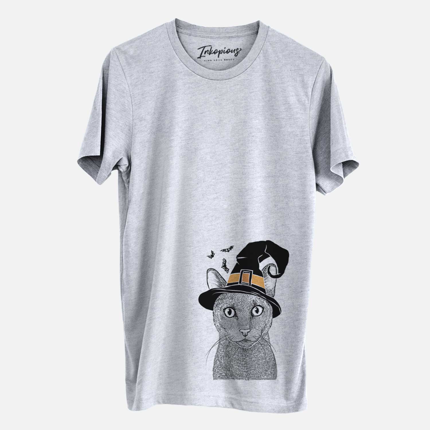 Hand-drawn sketch of Stanley the Russian Blue Cat wearing a witch hat on a Grey Unisex crewneck